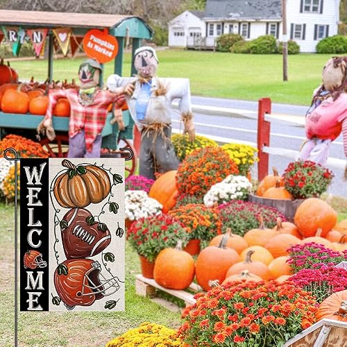 Miniatura 4 de Banderas de jardín de bienvenida de fútbol de otoño de 12 x 18 pulgadas, verticales de doble cara, letrero de calabaza para el día de juego, Día de