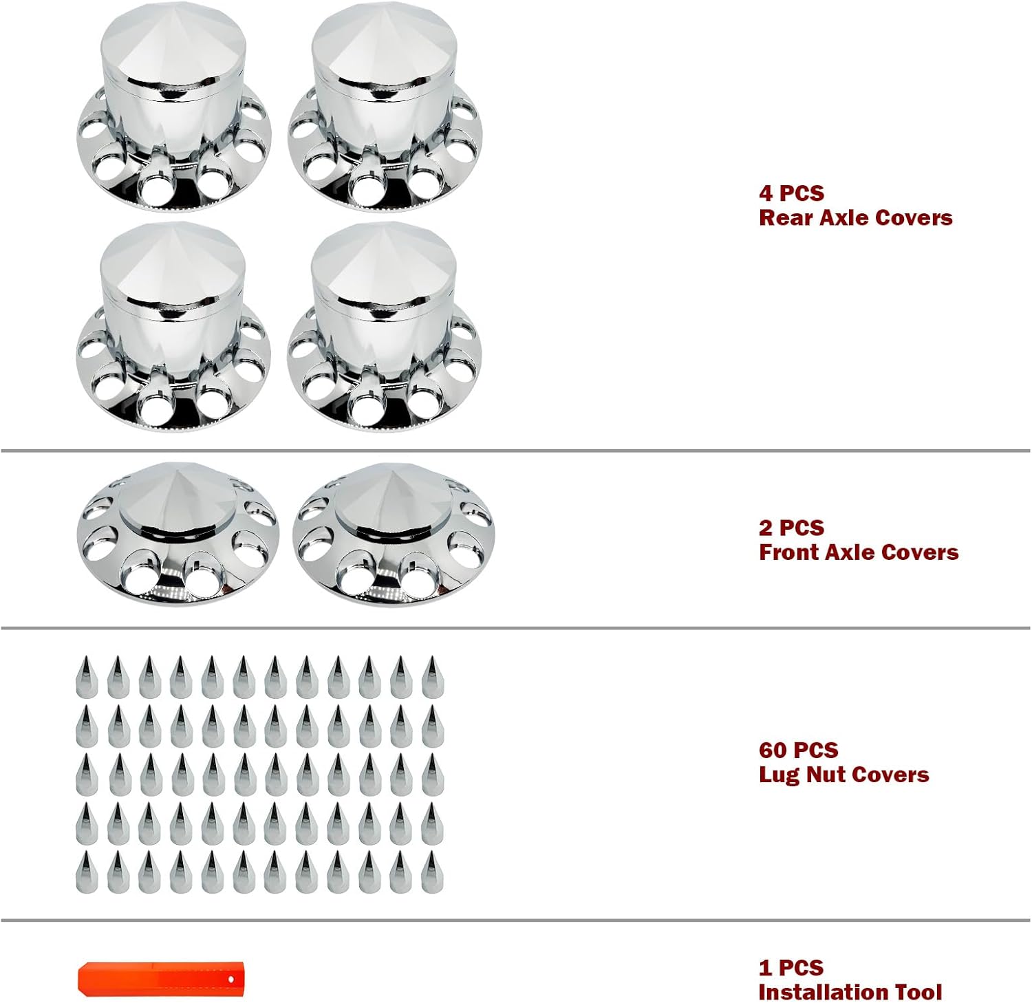Semi Truck Complete Axle Cover Set Lug Nut Covers Wheel Covers Kit with 2 Front & 4 Rear, and 33mm Thread-on 10 Hole Removable Caps，ABS Chrome Plastic(Installation Tool Included).