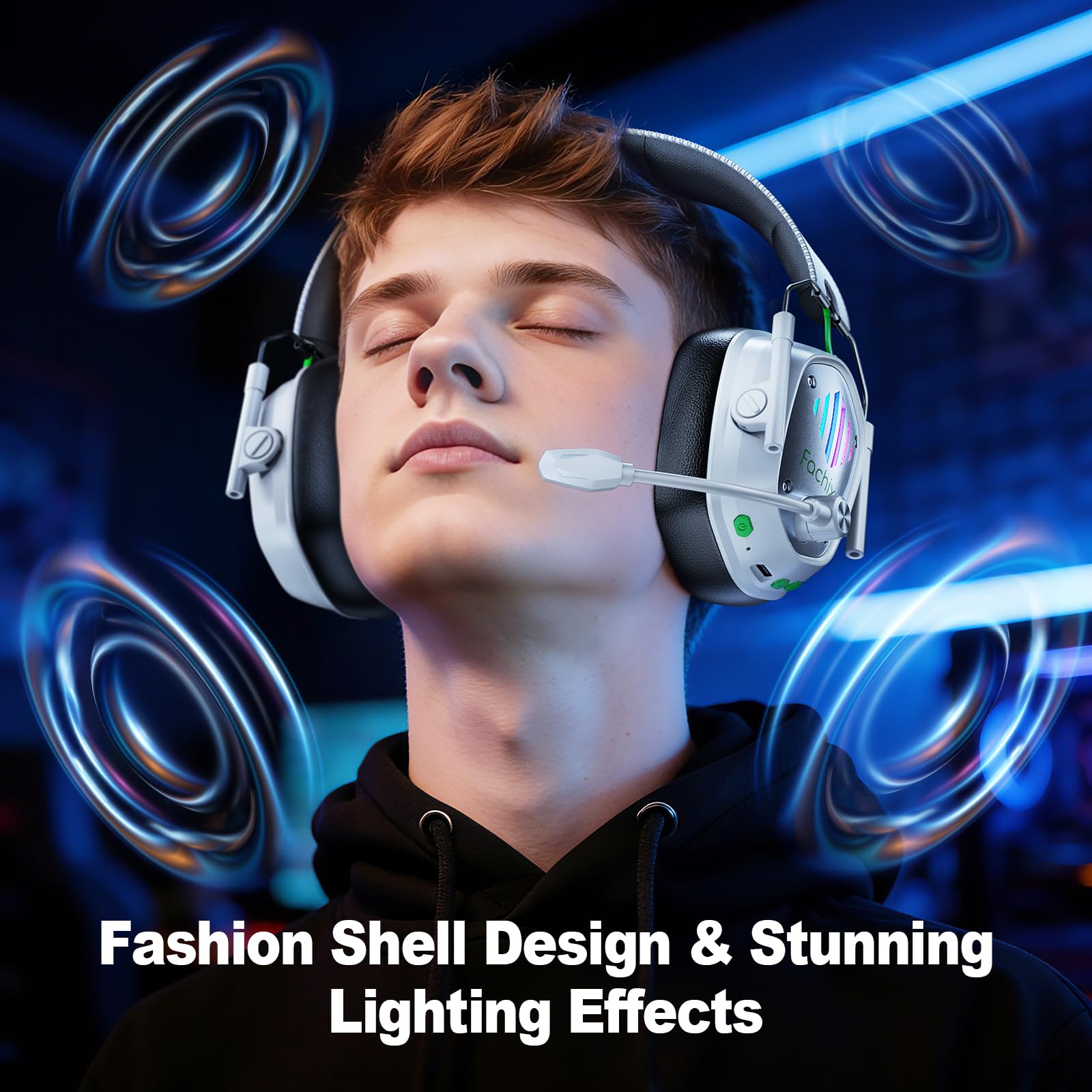 Fachixy Cuffie da gioco wireless per PS4, PS5, Switch, PC, Mac, laptop, 60H, 2,4 GHz, con microfono a cancellazione del rumore, cuffie Bluetooth senza fili con luci LED, suono surround