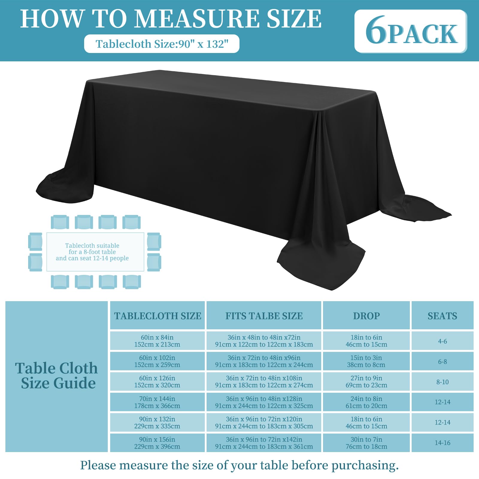 Lot de 6 nappes rectangulaires noires résistantes aux taches et aux plis, lavables en polyester pour table à manger, buffets et mariages