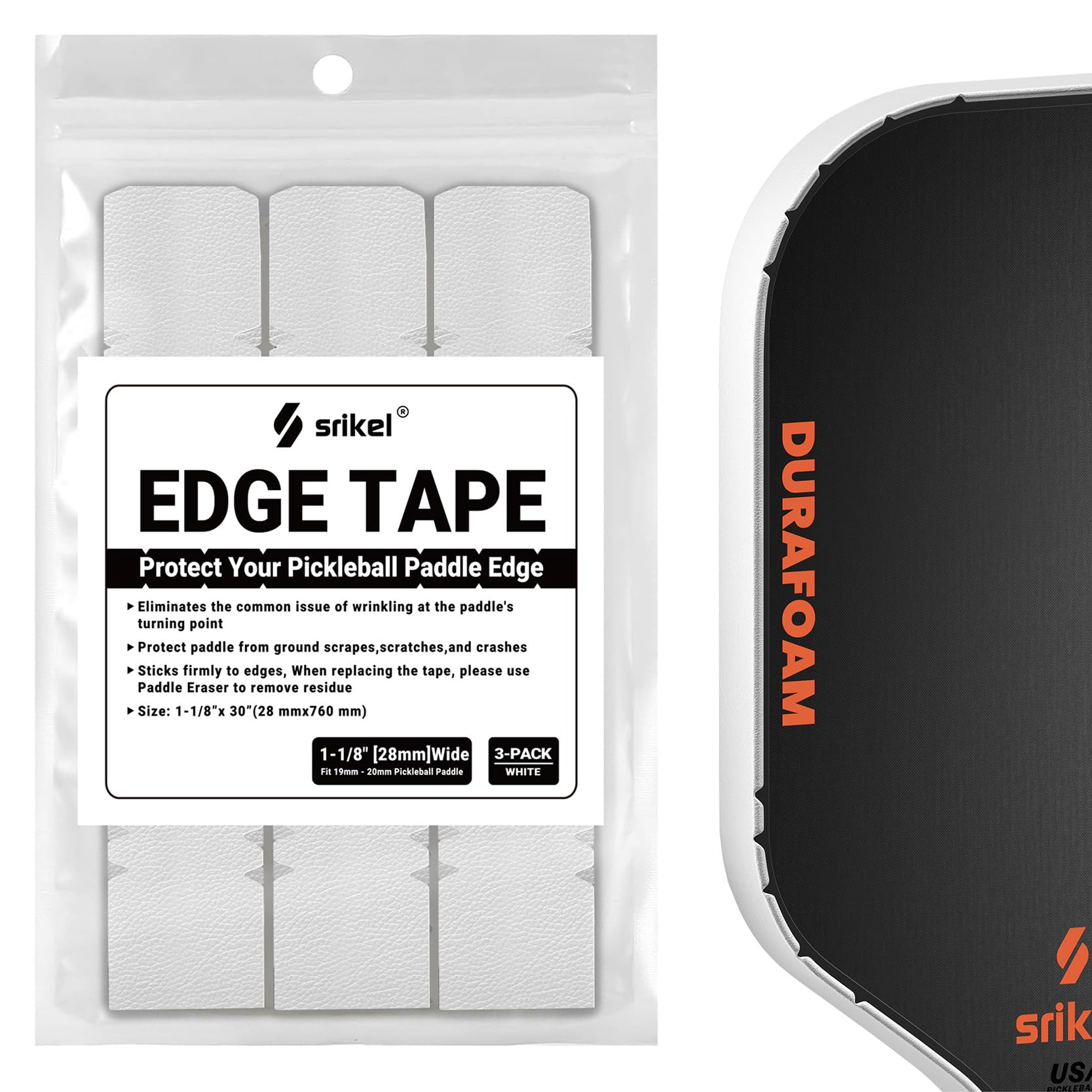 Srikel Pickleball Edge Guard Tape – Pickleball Paddle Edge Protection Tape 3 Pack, Head Edge Guard for 19MM-20MM Edgeless Rackets,Easy Application,No Wrinkling,28MM Width Solid White — image 1
