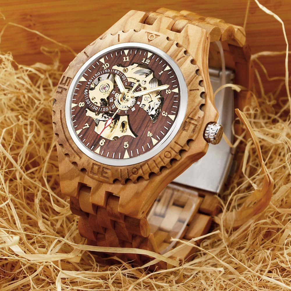 Tiong Orologi meccanici in legno da uomo scheletro numeri romani carica automatica Orologio in legno leggero per uomini Orologio da polso, Fbm-mw1090-marrone rosso, Gotico
