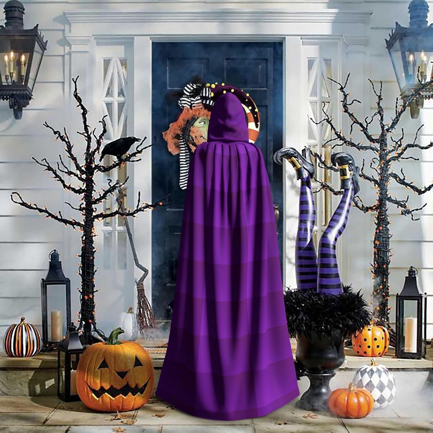 Solid Color Dark Purple Men Women Halloween Role Play Party Decoration Hooded Poncho