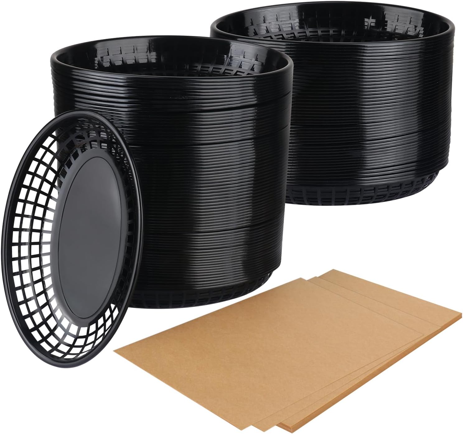 95 Pcs 9 x 5.7 Inch Reusable Black Oval Fast Food Baskets, Sturdy Plastic Platter Baskets with 100 Sheets Deli Paper Liners for Fast Food, Parties, Picnics, BBQs and Snacks, by KUKLIPJIM