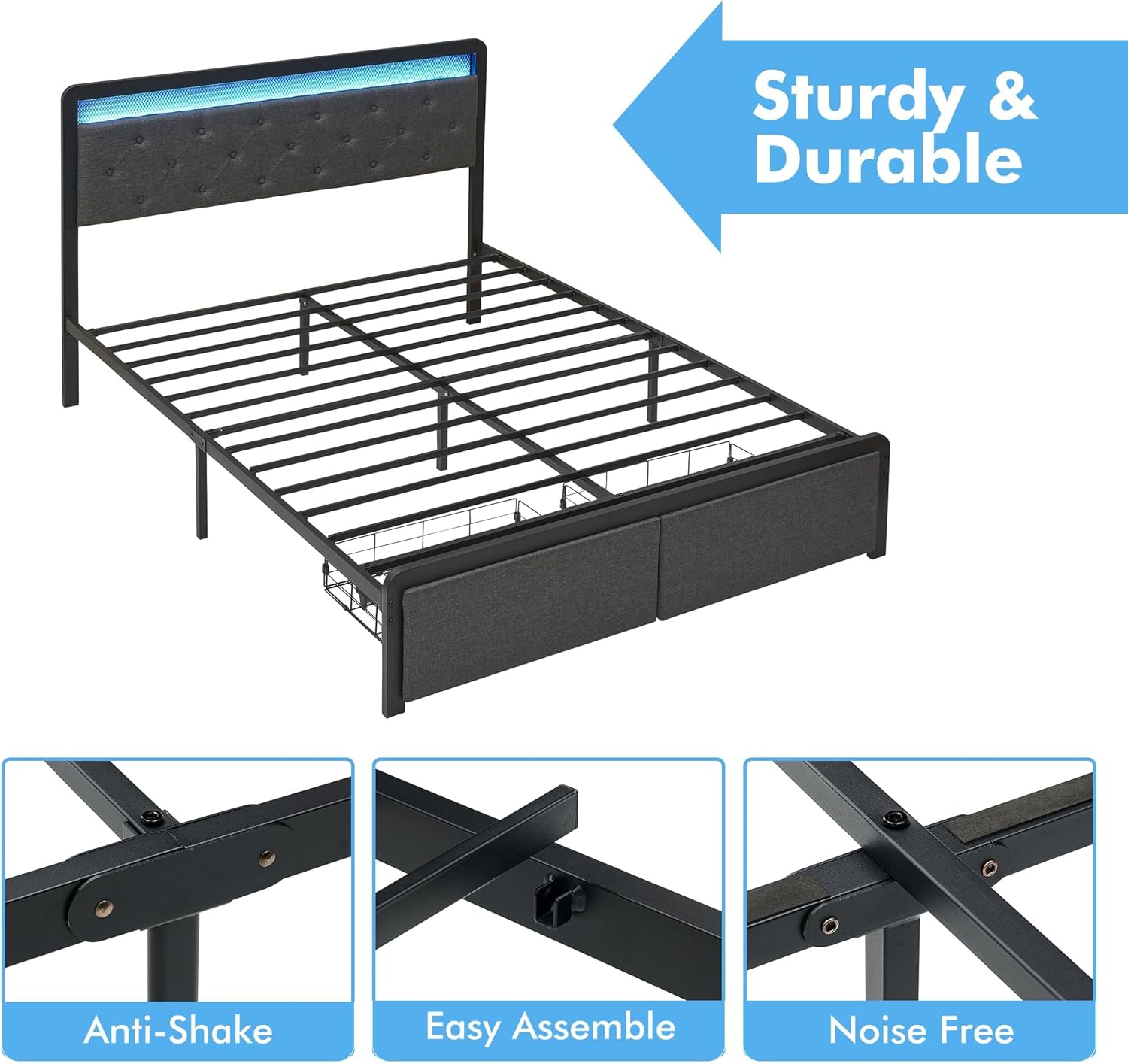 GAOMON Full Size Bed Frame with Drawers, Upholstered Platform Full Bed with Storage & LED Lights Headboard, No Box Spring Needed, Easy Assembly, Dark Grey