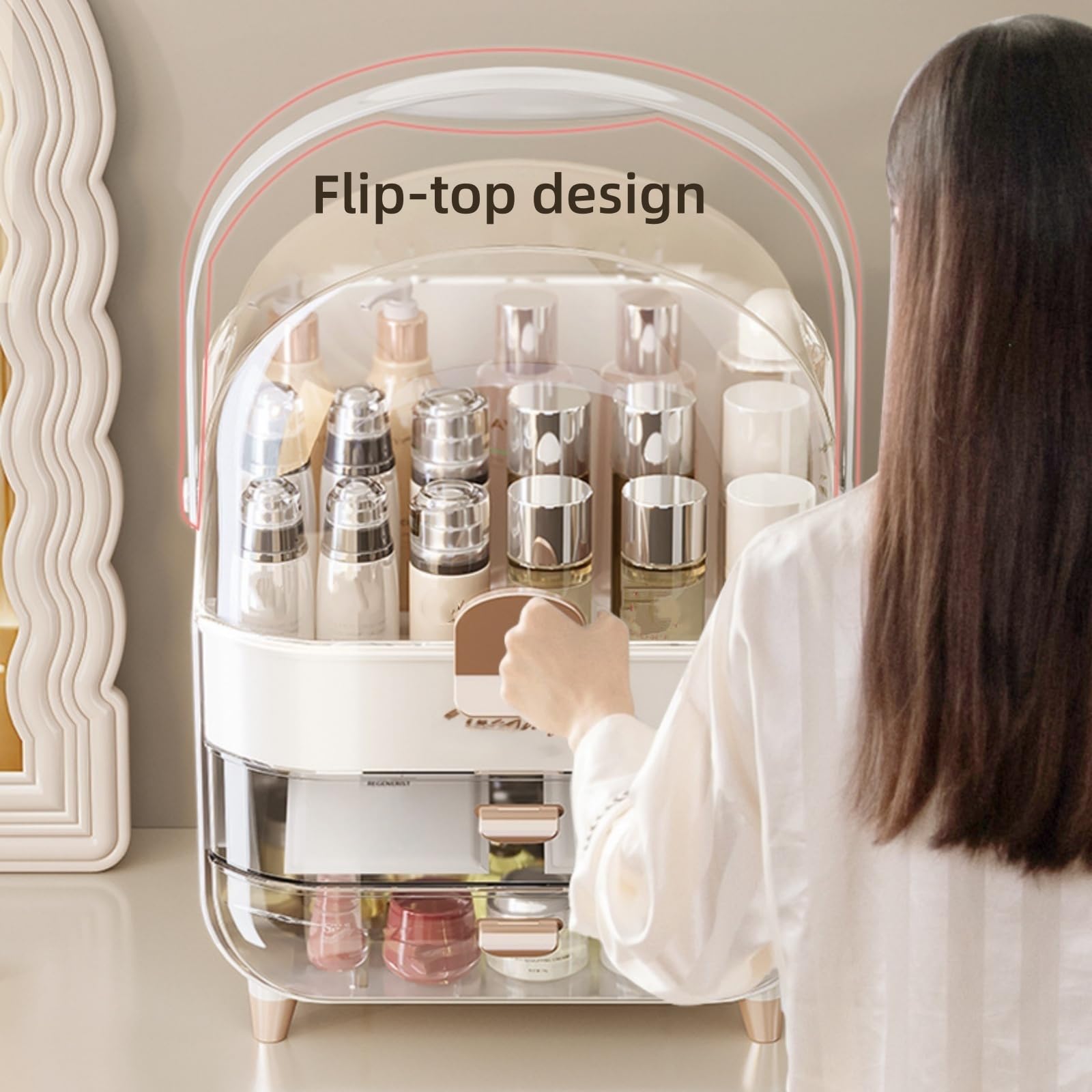 Organizador de maquillaje, organizadores para el cuidado de la piel con tapa transparente y 2 cajones y soporte giratorio de 360° para brochas