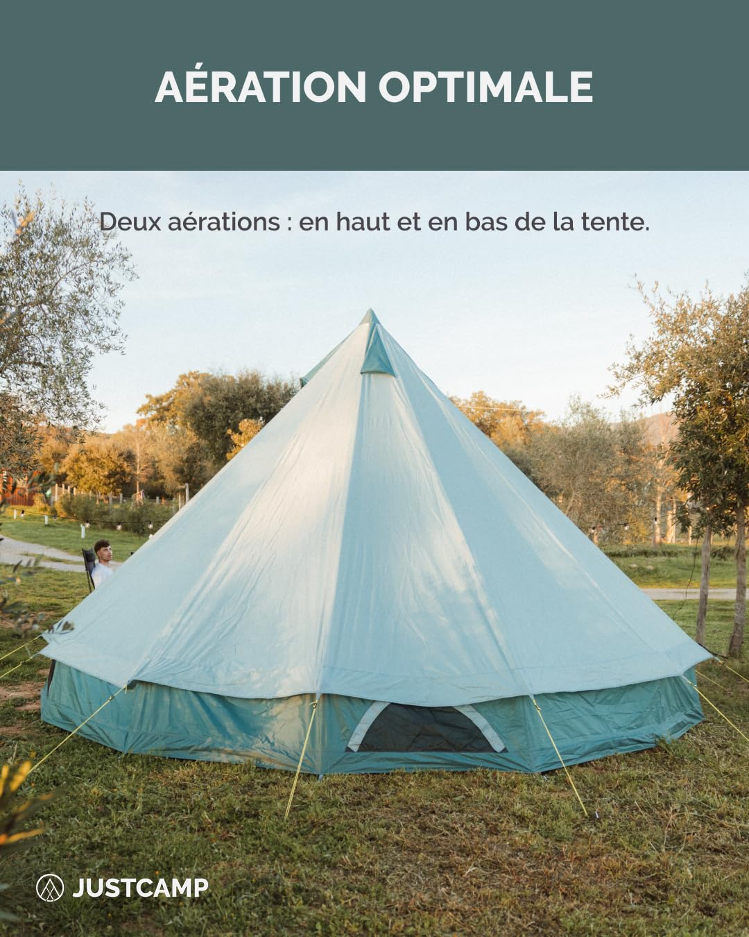JUSTCAMP Bell 8 Tipi Tente - Tente de Camping extérieure 8 Personnes/Places (Jusqu’à 10), 4 Saisons, familiale, imperméable, Premium XXL géante - 4 x 4 x 2,5 m - 12,5kg - Menthe