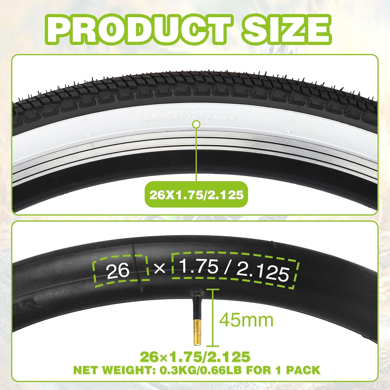 2 Pack Bike Tire and Tube White Side Wall for City Bike Moutain Bike 26x1.75(44-559) Strong Grip Compatible Replacement Bicycle Tire for Cruiser Bicycle
