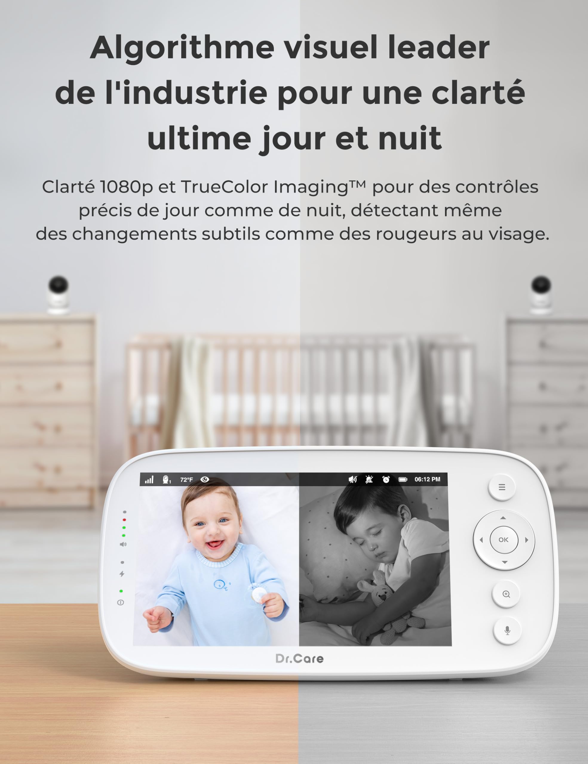 Dr.Care NovaView Pro Babyphone Caméra avec Détection de Mouvement - sans WiFi, Écran 5" 1080P, Batterie 5000mAh, Vision Nocturne, Zoom 2X/4X, Audio Bidirectionnel, Caméra Pivotante, Portée 390m