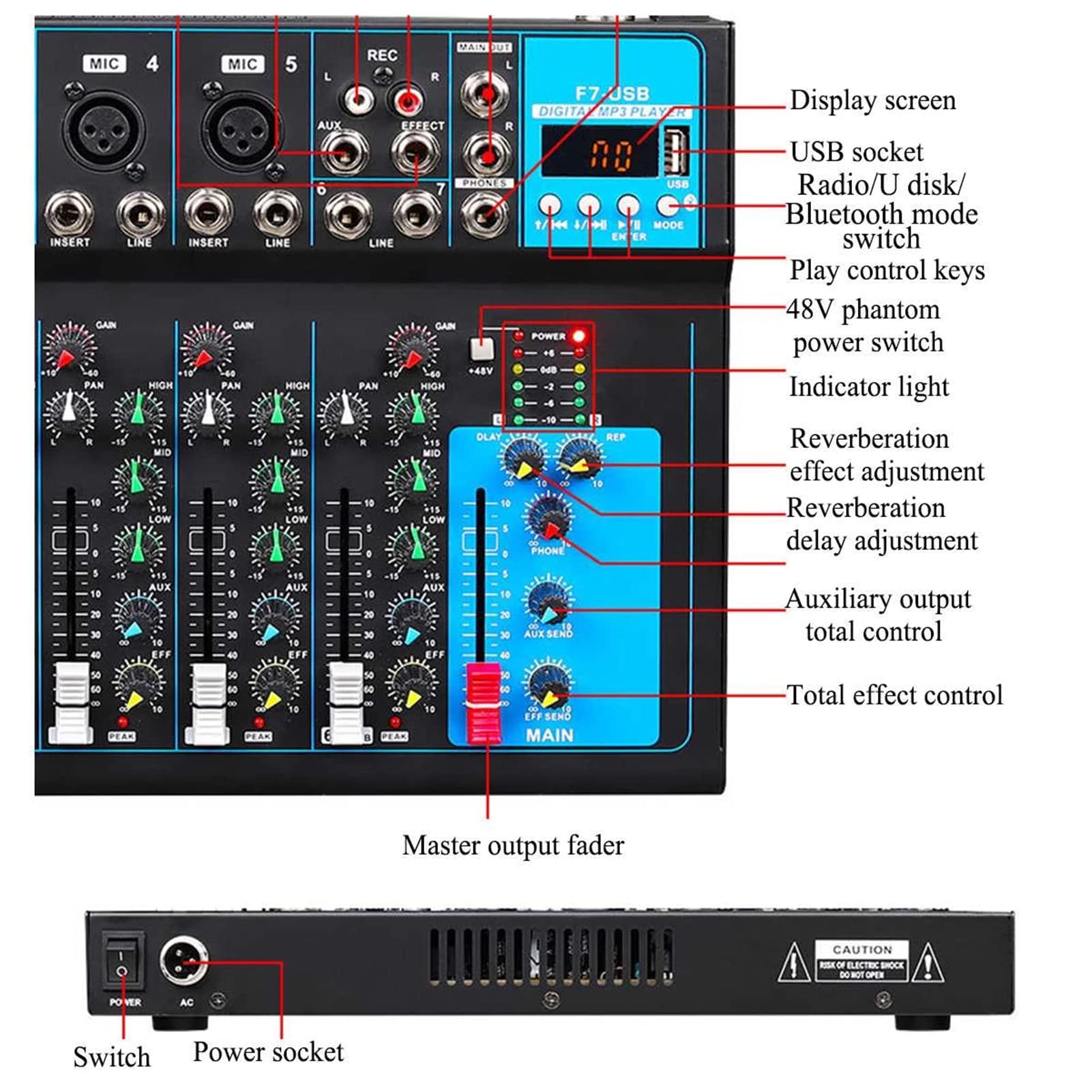Profesjonalny mikser DJ, cyfrowy wzmacniacz miksera audio 7-kanałowa konsola do miksowania dźwięku stereo Bluetooth USB do nagrywania zespołu domowego na scenie wydajności