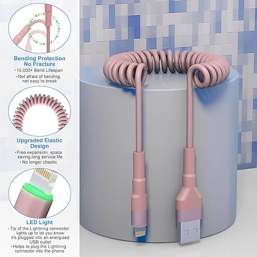 Miniatura 5 de Cable Lightning en espiral para Apple Carplay, paquete de 2 cables de carga de iPhone para automóvil, certificado Apple MFi, cargador retráctil para