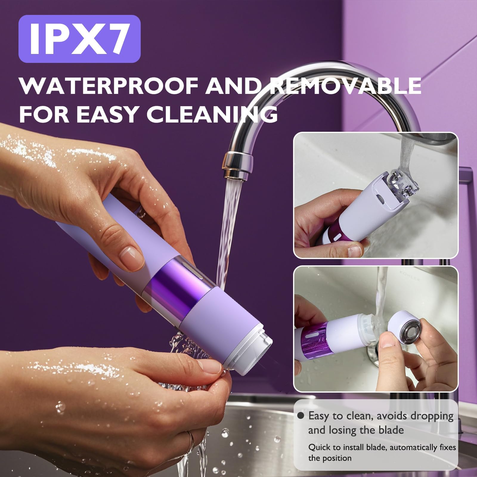 Recortadora de bikini para mujer, 2 en 1, recargable, con luz LED, removedor de vello facial para mujer, IPX7, impermeable, para mujeres en húmedo y seco (morado)