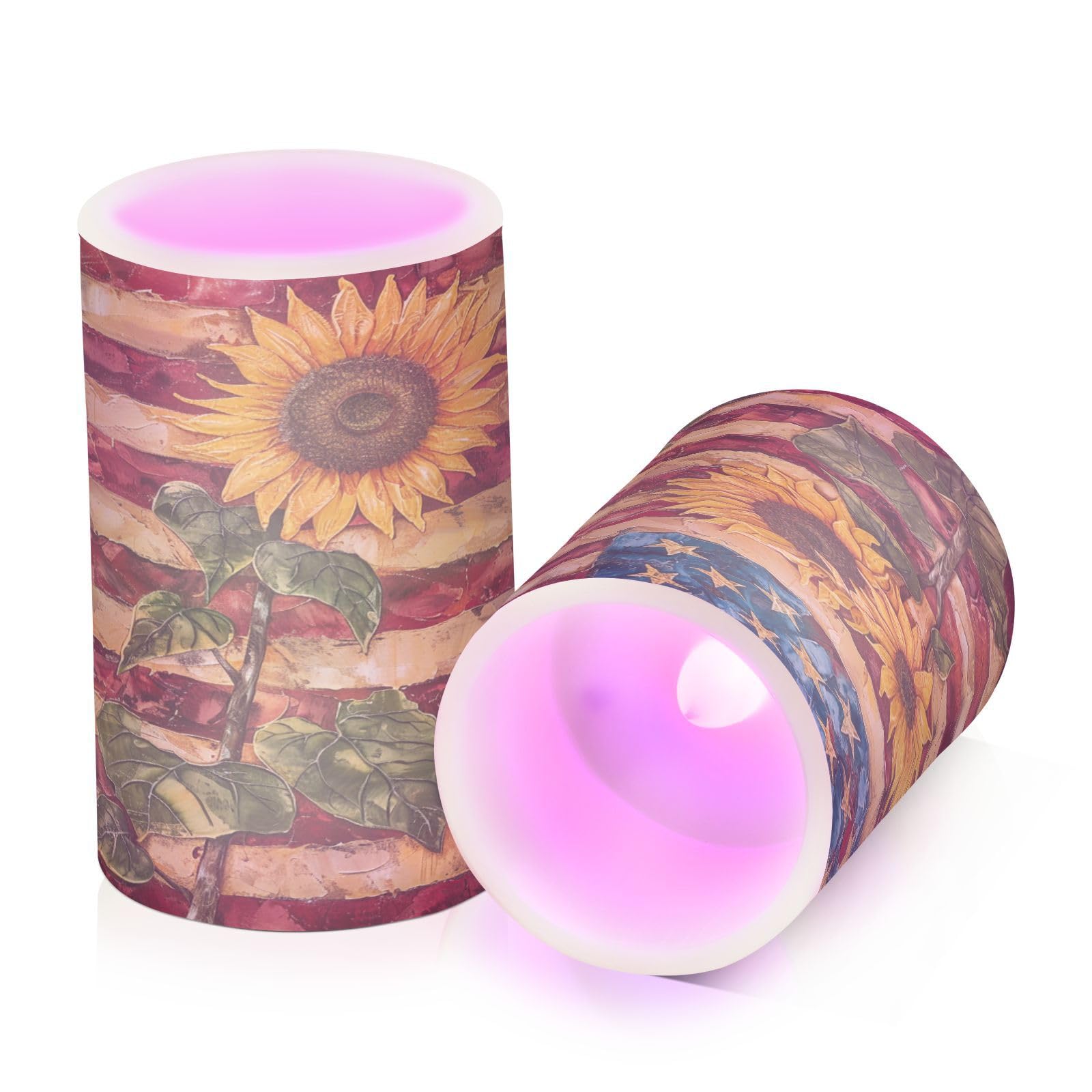 ALAZA Sunflowers on American Flag Rustic Flickering Flameless Candles Battery Operated with Remote Timer,Tea Light Candles LED Pillar Votive Candles Set of 2 for Outdoor Indoor Decorations