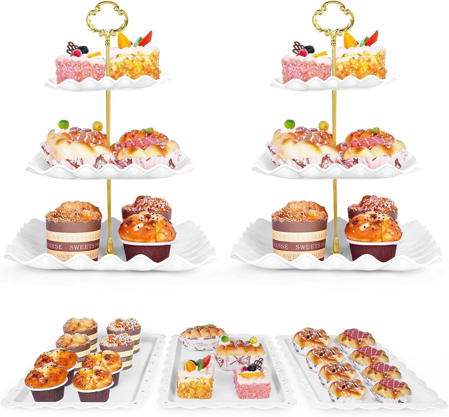 5 Pcs Dessert Table Display Set - 2 Pcs 3-Tier Dessert Display Stands & 3 Pcs Serving Tray - Dessert Trays Dessert Stands Treat Table Displays Set for Tea Parties,Birthdays & Baby Showers White