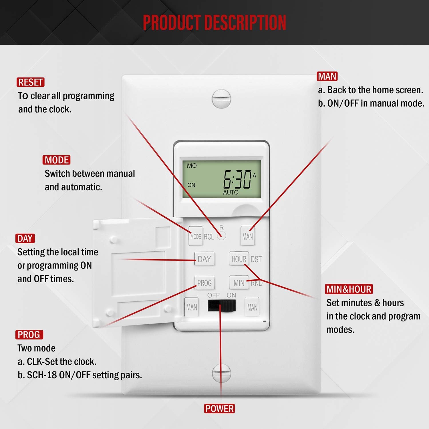 ENERLITES - HET01-C-W Programmable Digital Timer Switch for Lights, Fans, Motors, 7-Day 18 ON/OFF Timer Settings, Single Pole, Neutral Wire Required, UL Listed, HET01-C, White: Tools & Home Improvement