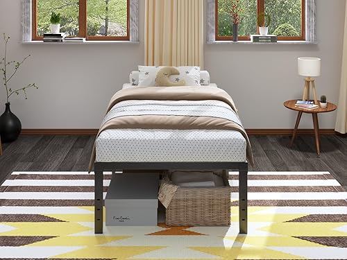 Miniatura 9 de Marco de cama individual de metal, plataforma de metal de 18 pulgadas de alto, tamaño individual con espacio de almacenamiento y listones de