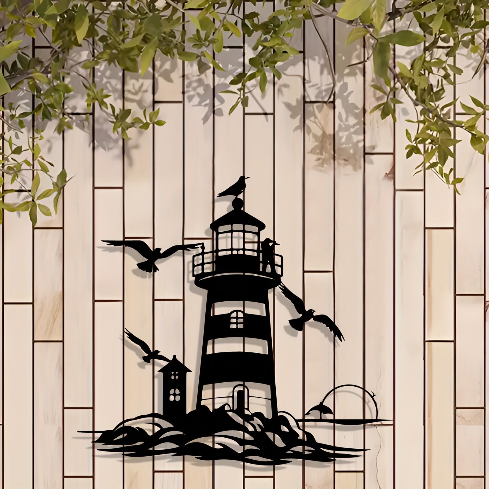 Generico Decoración de pared abstracta contemporánea de Metal con gaviota y Faro - Arte lineal Minimalista náutico, Hierro para interiores y exteriores, para amantes de la Playa (50 cm/19,7 pulgadas)