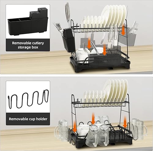 Miniatura 7 de Cousopo Escurridor de platos de acero inoxidable 7, 5, 2, 3, escurridor de platos de gran capacidad de 2 niveles con soporte para utensilios,