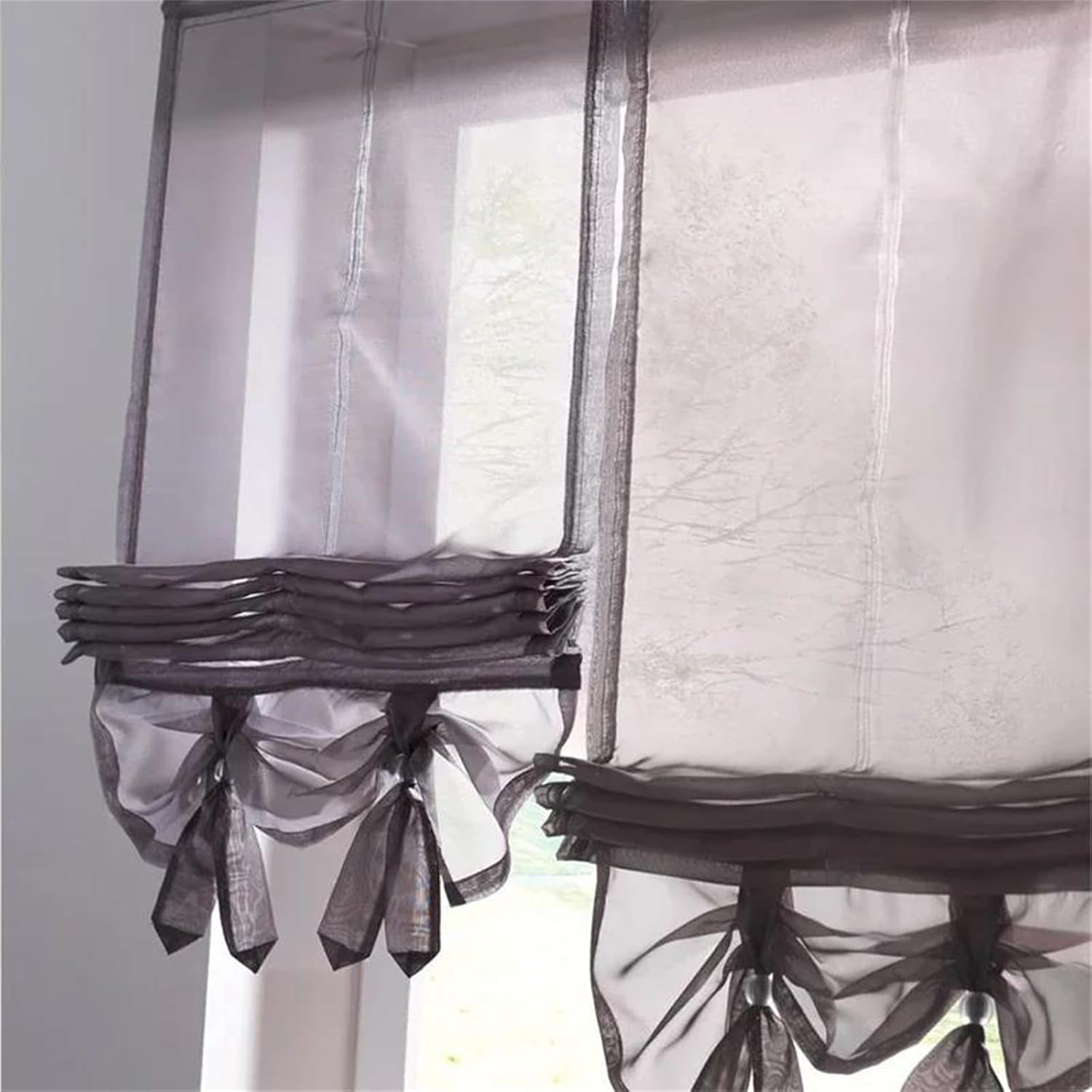 Without a Rope One-Piece Tie Up Suspender Roman Curtain Shade Sheer Voile Window Valance for Kitchen Study Balcony