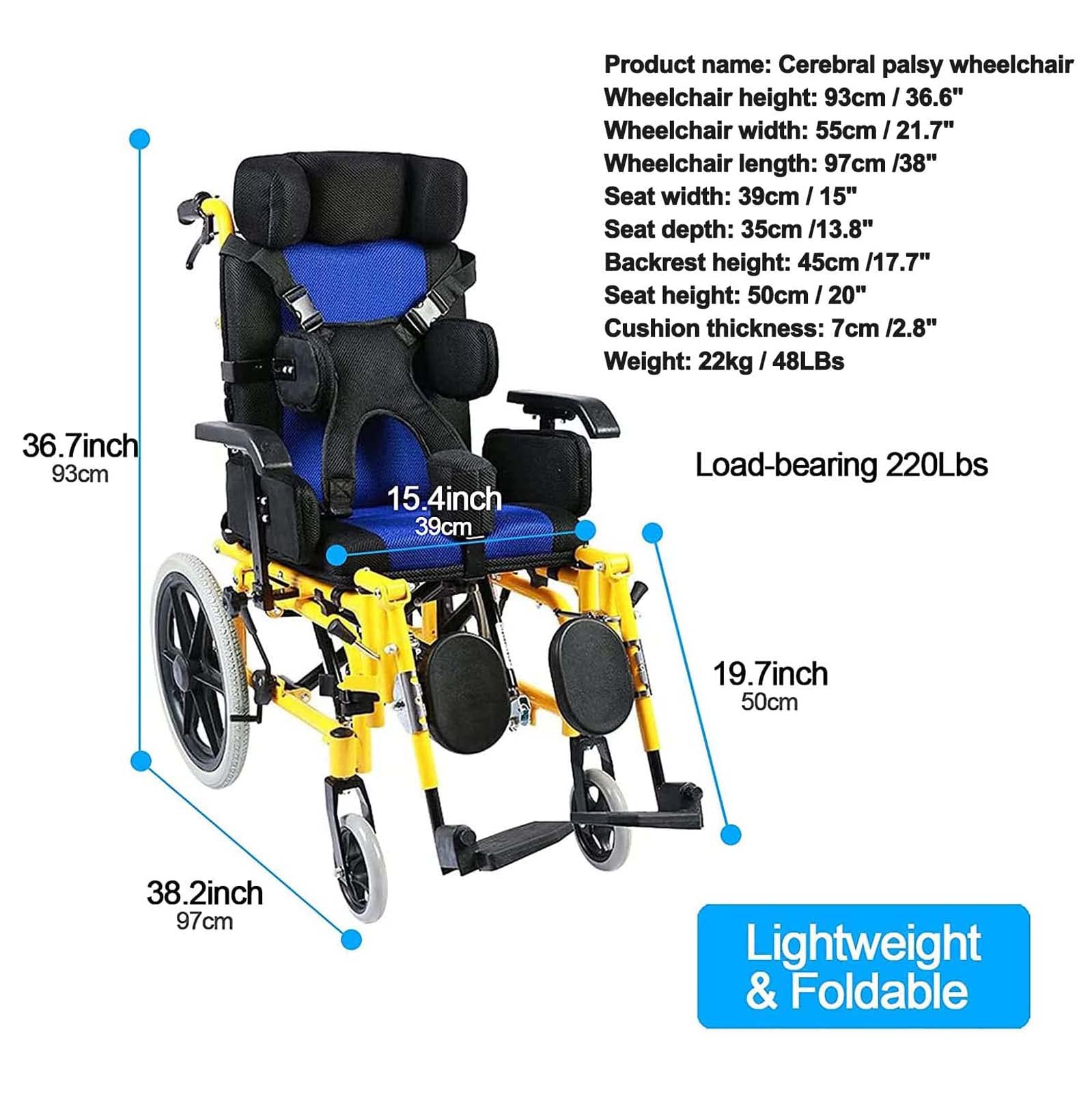 Dziecięce rozkładane wózek inwalidzki, lekkie krzesło składane z regulowanym zagłówkiem i podłokietnikami, ergonomiczna pozycja pełnego kłamstwa dla dzieci i dorosłych, przenośna pomoc w poruszaniu si