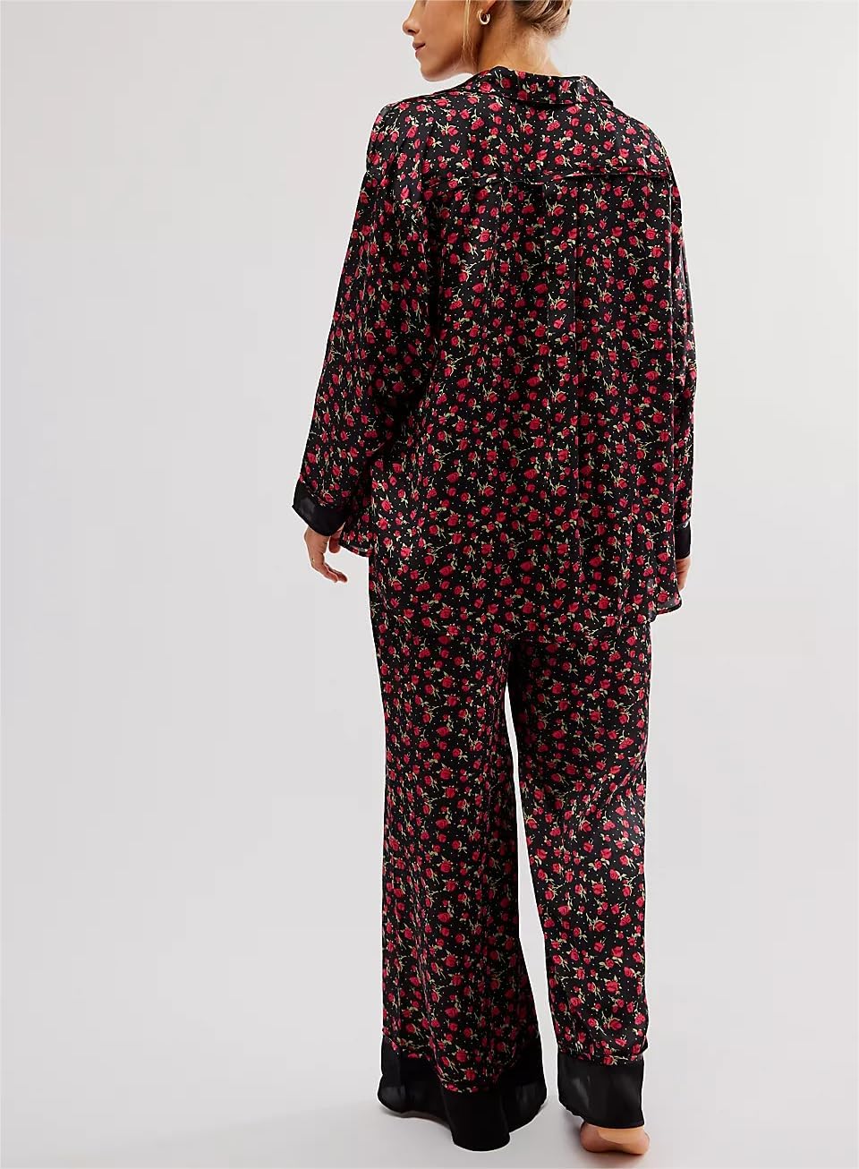 Womens Y2k Silk Pajama Sets Floral Print Long Sleeve Button Down Shirts Wide Leg Pants 2 Piece Lounge Sets - Image 3