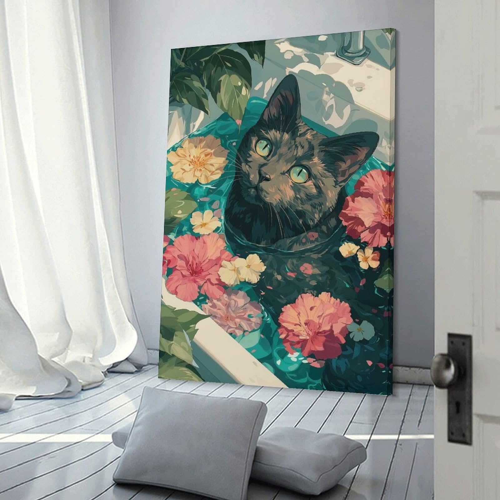 Junmoney Wall Decor Canvas Print Cat in Floral Bathtub Illustration, 20x30inch(50x75cm), for Study, Office Or Apartment Decor, Canvas Artwork with Gifting Potential