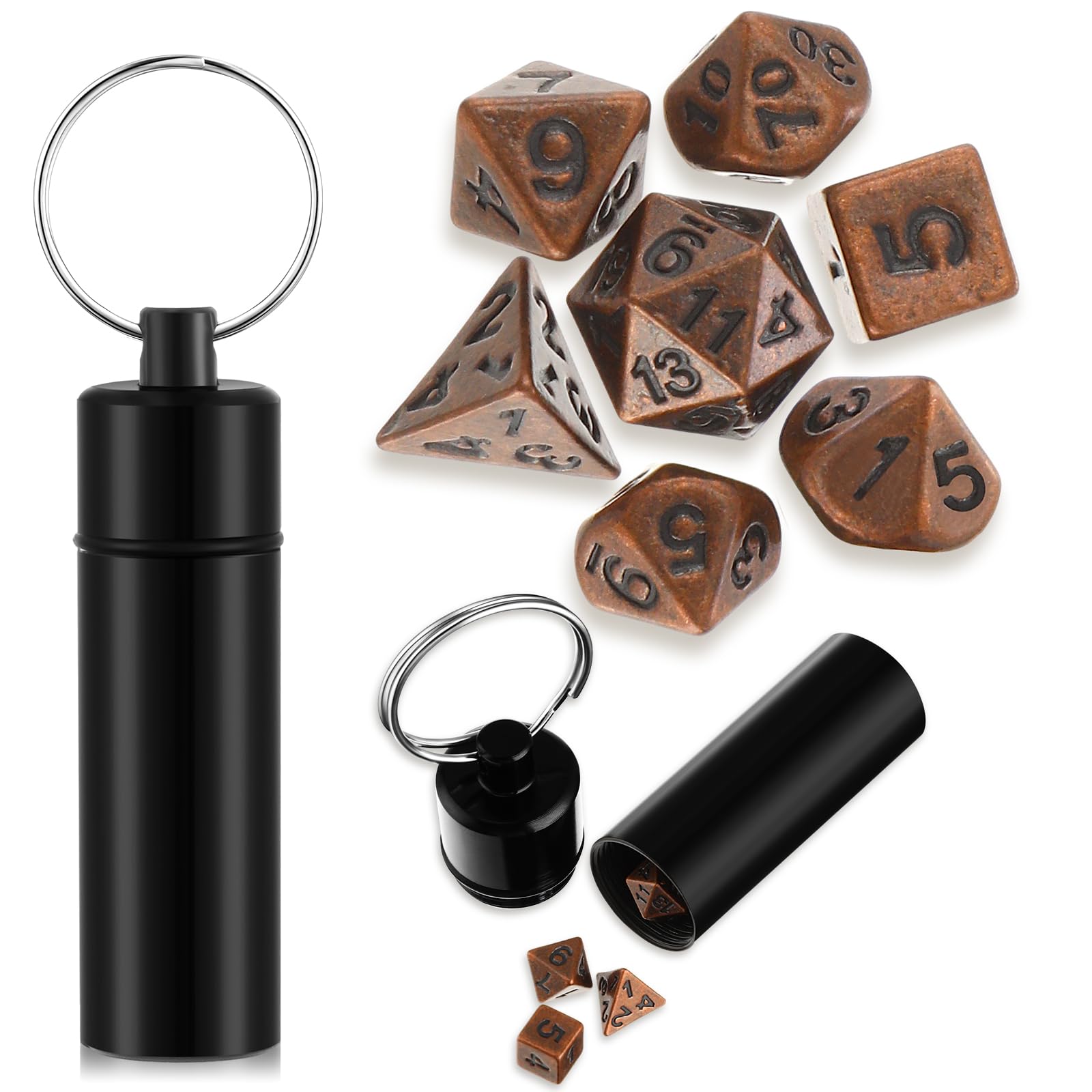 Syhood 7 Pcs Mini Dice Set Tiny Small Metal Dice Set with Case Portable Polyhedral Keychain Antique Mini Case for Role Playing Table Board Game Gift Backpack Decoration(Antique Bronze)