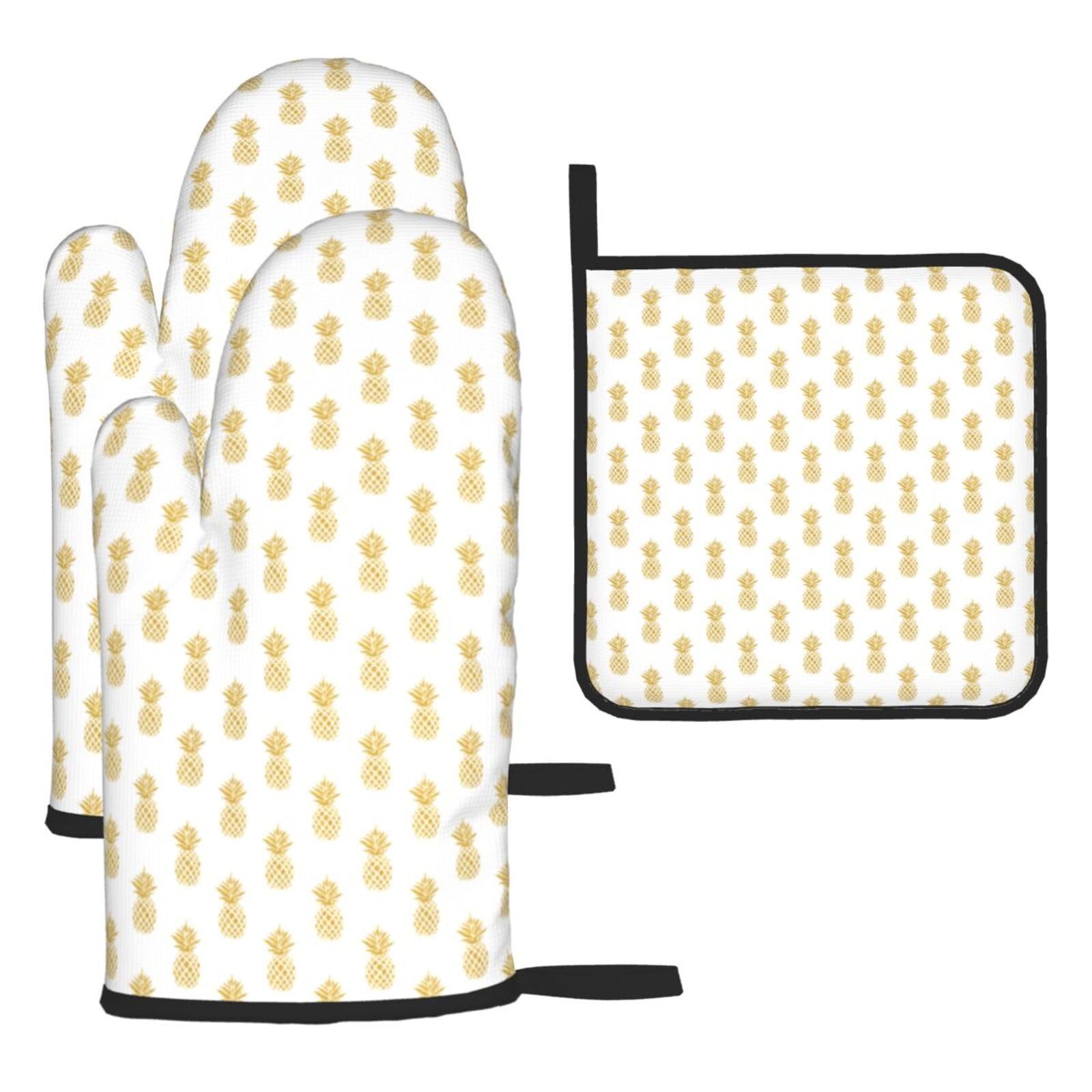 Gold Pineapple Background Print Oven Set Kitchen Gloves Baking Grilling Microwaving Cooking Gift Everyday Holiday