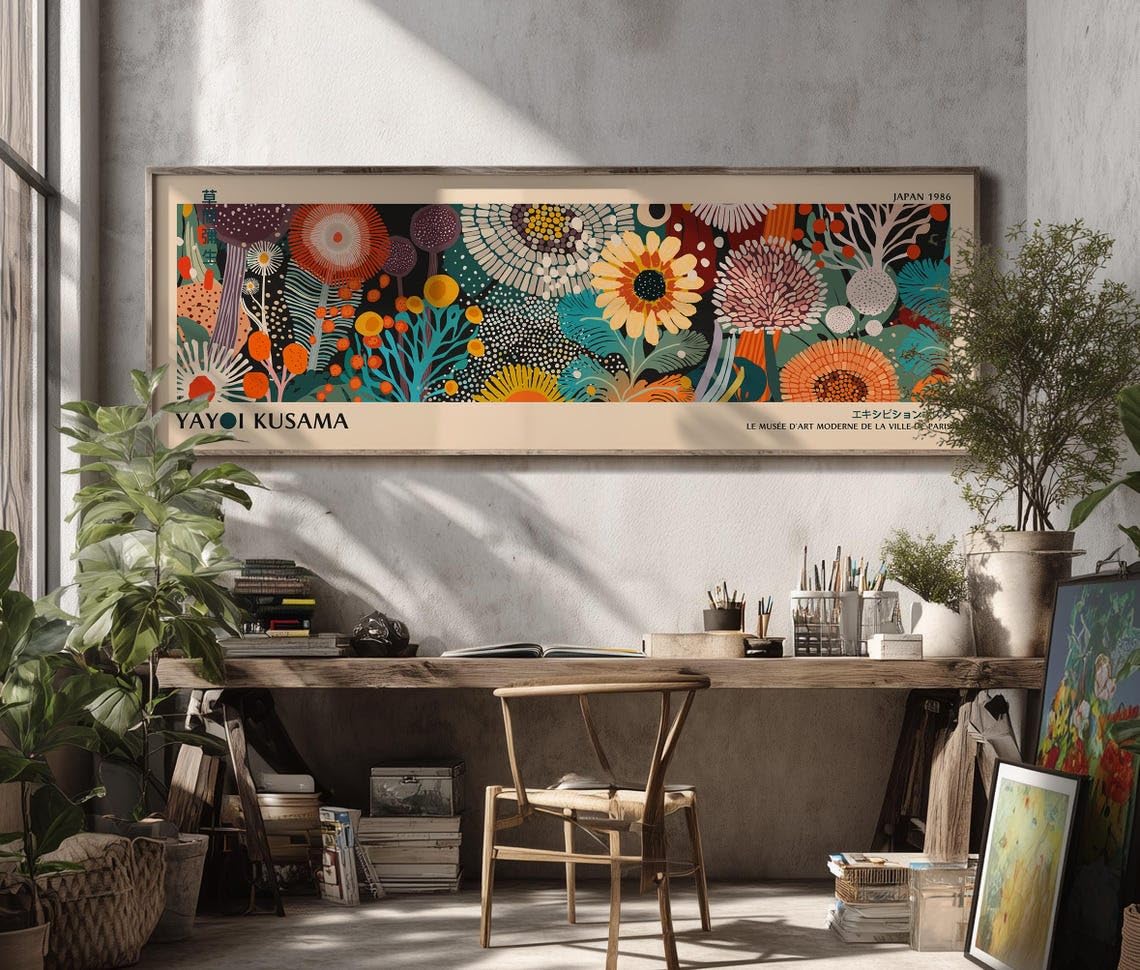 YUSUZHU Panoramic Yayoi Kusama Canvas Wall Art: Large Japandi Prints for Above Sofa or Bed for Living Room Home Decor Pictures(50x150cm/Frameless)