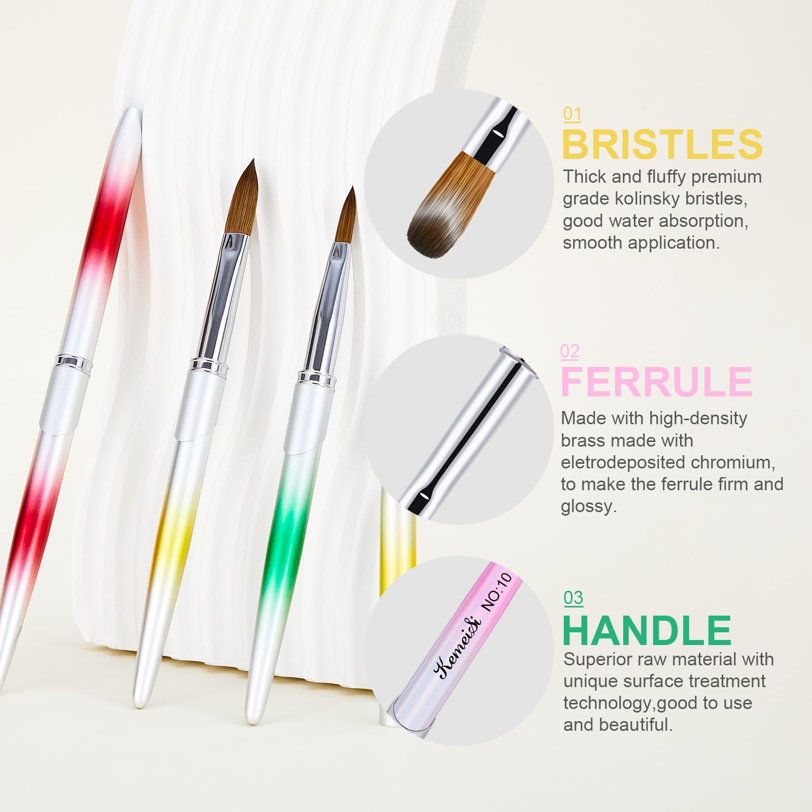 KEMEISI 3PCS Kolinsky Nail Art Brush Set, Size 06/10/14 for Acrylic Application, Sturdy Handle Oval Shaped Powder Design Tools for Professional Manicure DIY Home