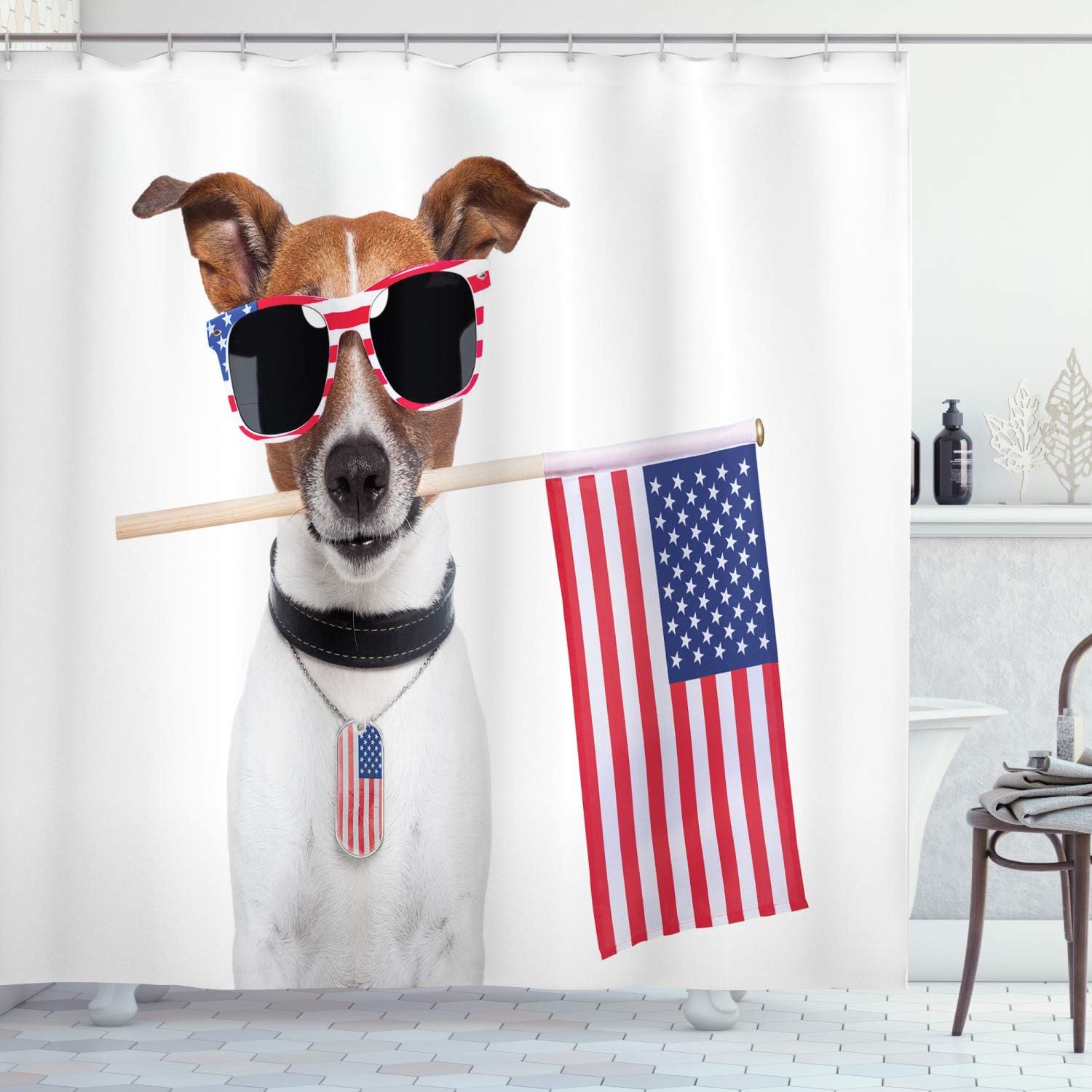 Ambesonne Dog Lover Shower Curtain, American Animal USA Flag Shades Sunglasses Anniversary Independence Liberty, Cloth Fabric Bathroom Decor Set with Hooks, 69" W x 70" L, Black White