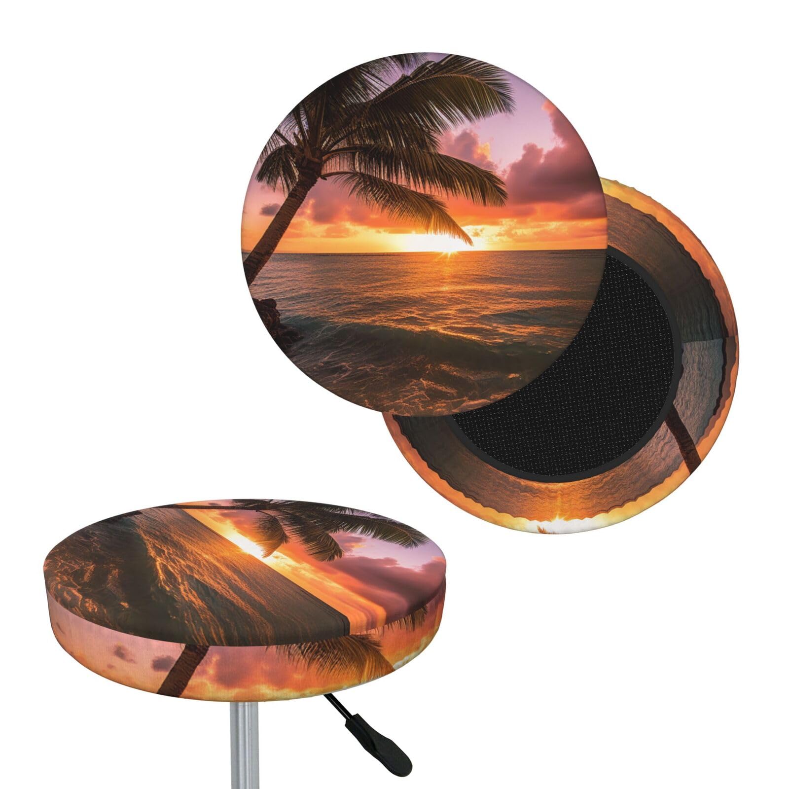 FekiLoot Palm Tree Sunset Beach Round Bar Stool Covers Stretch Washable Bar Stool Covers Dustproof Slipcover Bar Chair Covers with Elastic Band for Bar Kitchen Living Room Decor 14 Inch