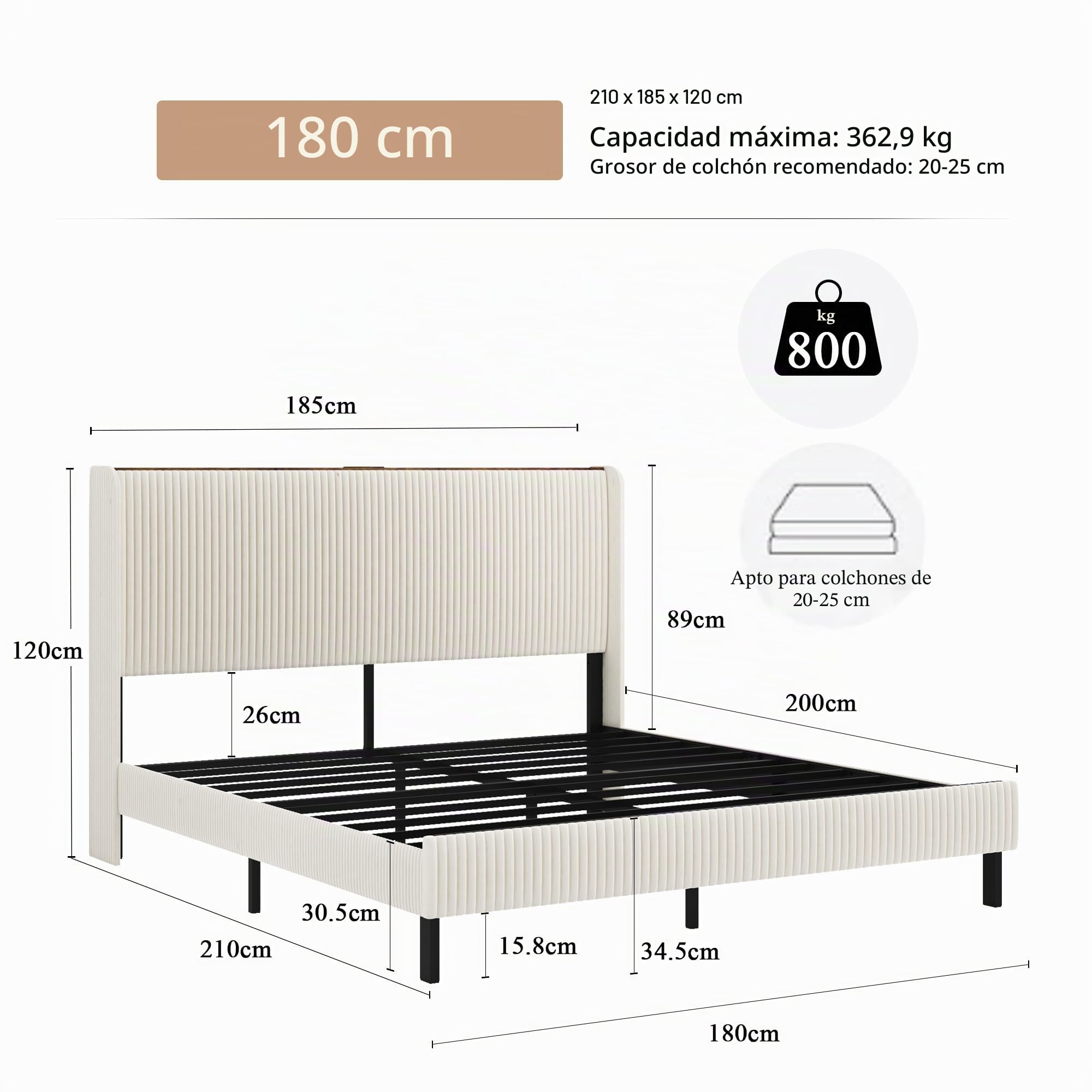 OKMYHOME Cama Tapizada 180x200 cm, Cama Doble Grande con LED y Puerto USB Tipo C, Estructura con Somier de Láminas de Metal, Tela Acanalada, Beige, Sin Colchón