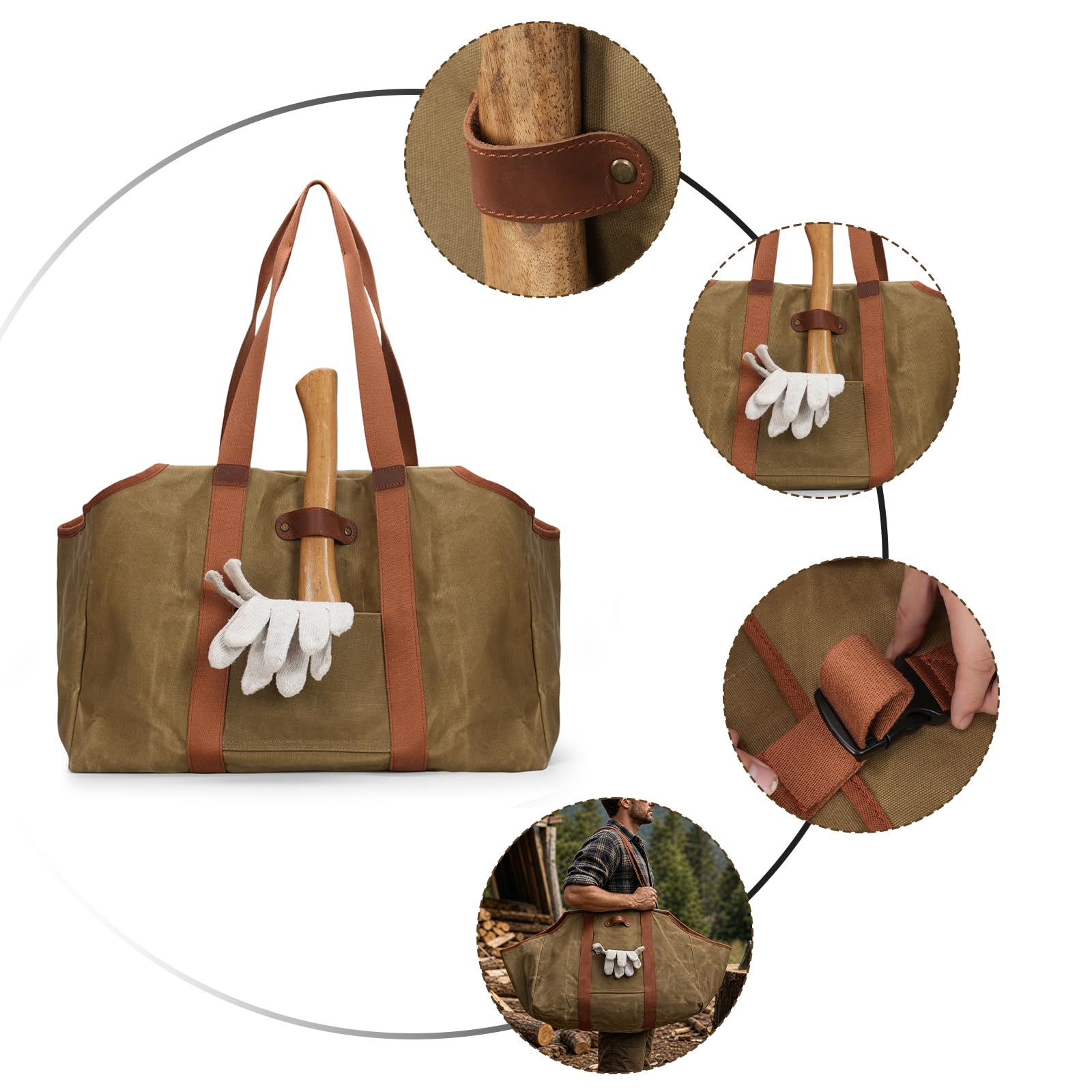 Borsa per legna da ardere in tela cerata resistente, con passante per ascia | Grande capacità, cinturino con fibbia a sgancio rapido, doppie maniglie per il trasporto, tasca frontale per attrezzi