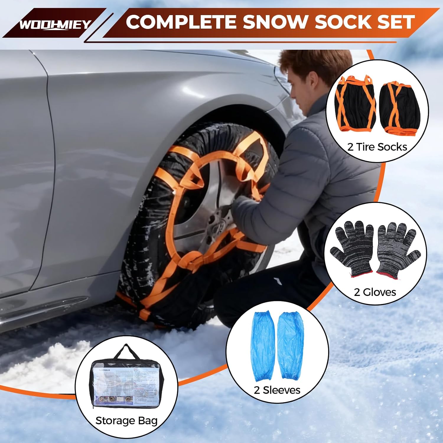 2 Pack Tire Snow Socks - Polyester Textile Snow Chain Alternative, Anti-Skid Tire Socks for Cars, Sedans, SUVs, Trucks - Quiet Tire Traction Device and Snow Traction for Tires