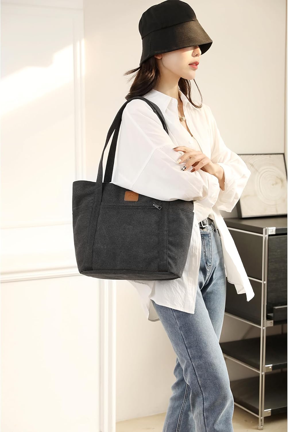 DOURR Womens Shoulder Handbags Heavy Duty Canvas Work Tote Retro Bucket Bag - Image 3