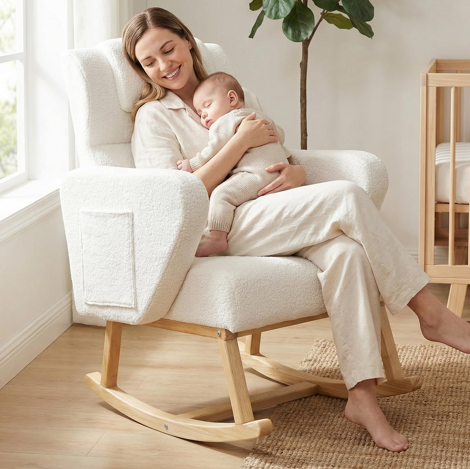 Fauteuil à Bascule avec Pieds en Bois Massif Rocking Chair avec Accoudoirs, Fauteuil Allaitement, Jusqu'à 136 kg, Fauteuil Relax de Lecture Confortable pour Salon Chambre à Coucher