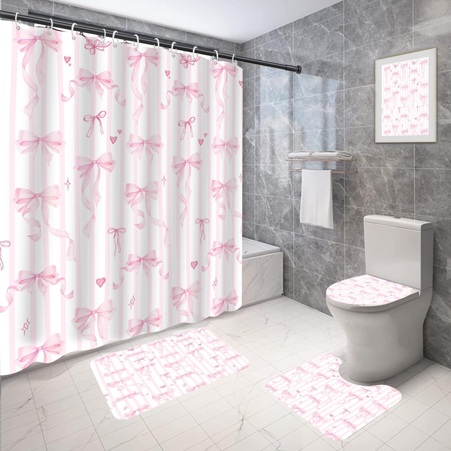 Coxila Pink Bow Shower Curtain Set Cute Girly Girls Preppy White Kids Kawaii Princess Pastel Aesthetic Toilet Lid Cover U Shaped Bath Mat 4 Pcs Decor Bathroom Non-Slip Rug Fabric Polyester 60x72 Inch