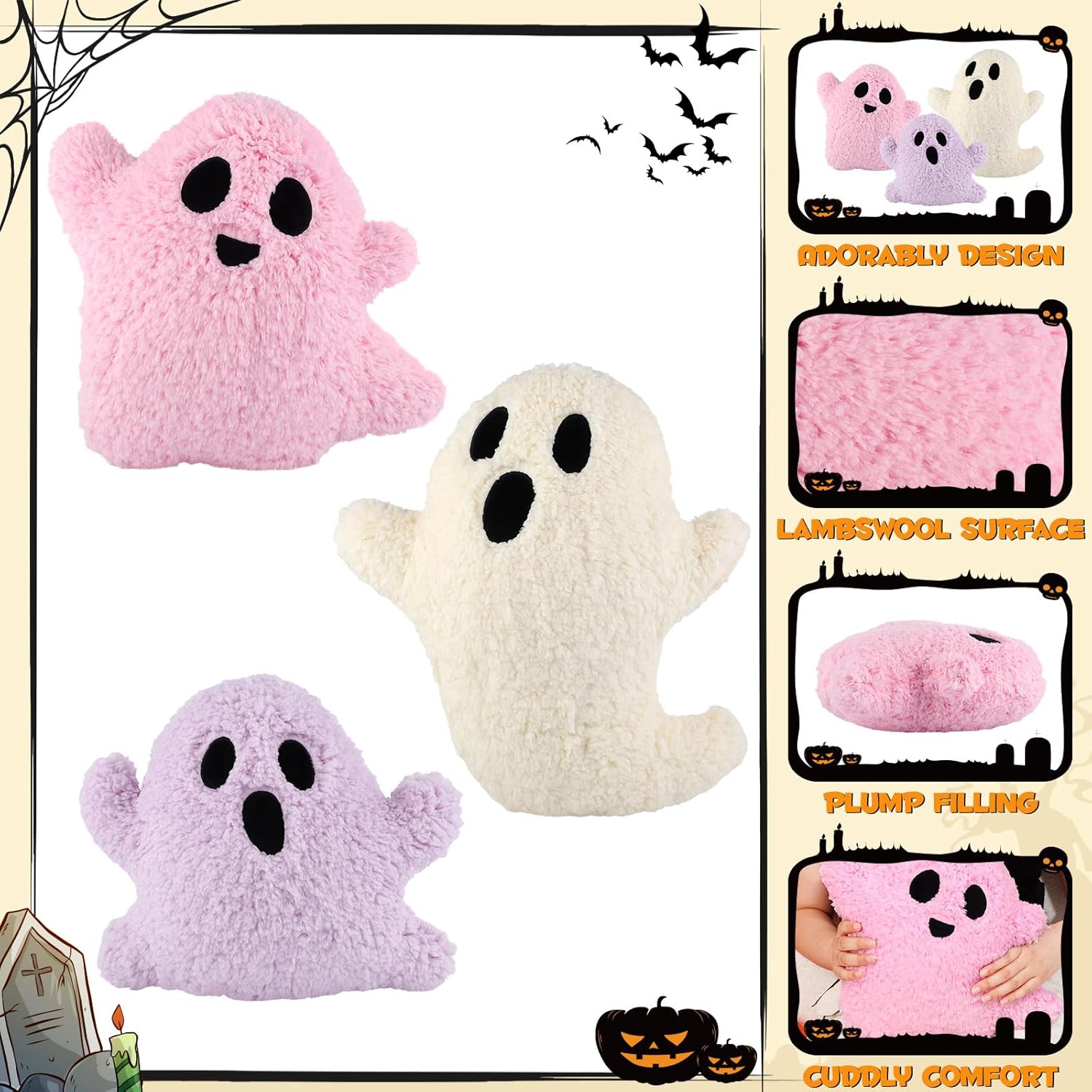 3 Pcs Pink Ghost Halloween Throw Pillows and 40 Pcs Ghost Plates for Halloween Party