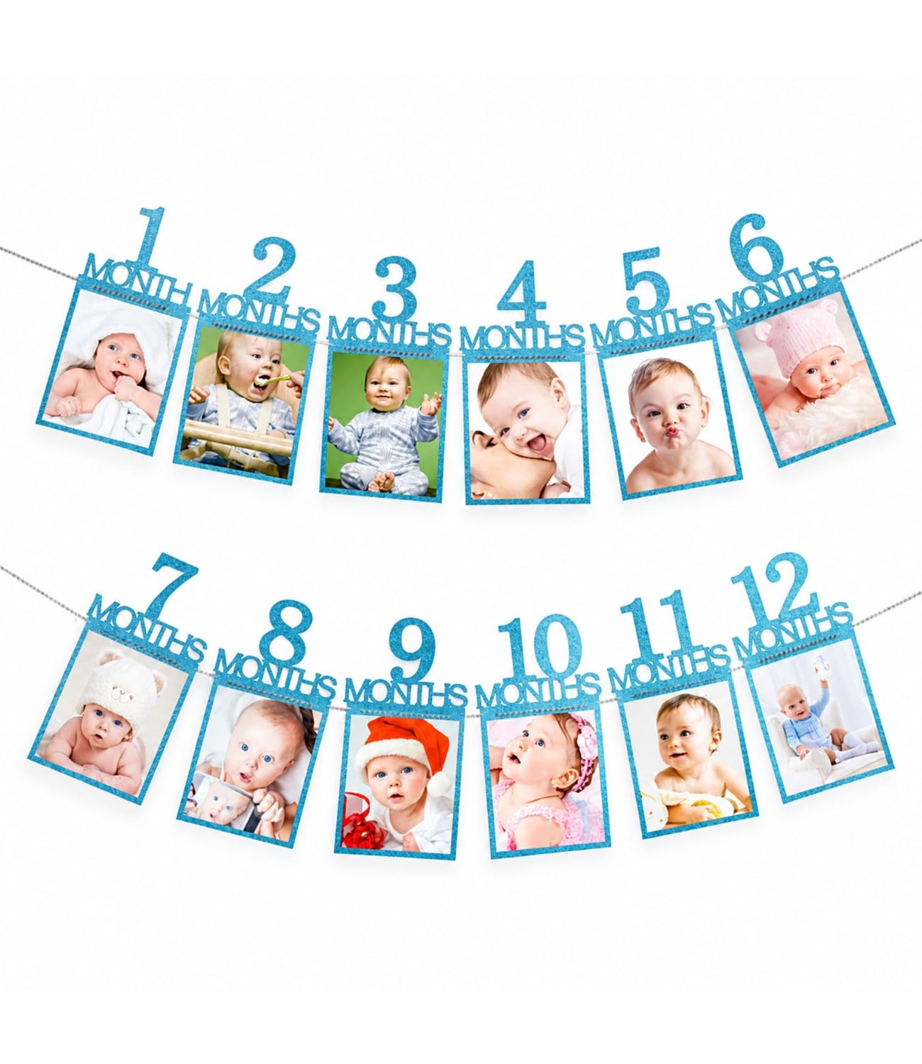 1st Birthday Photo Banner with 12 Monthly Cards, Vertical Hanging Garland for 1-12 Months Pictures, First Birthday Party Decorations Pink & Blue