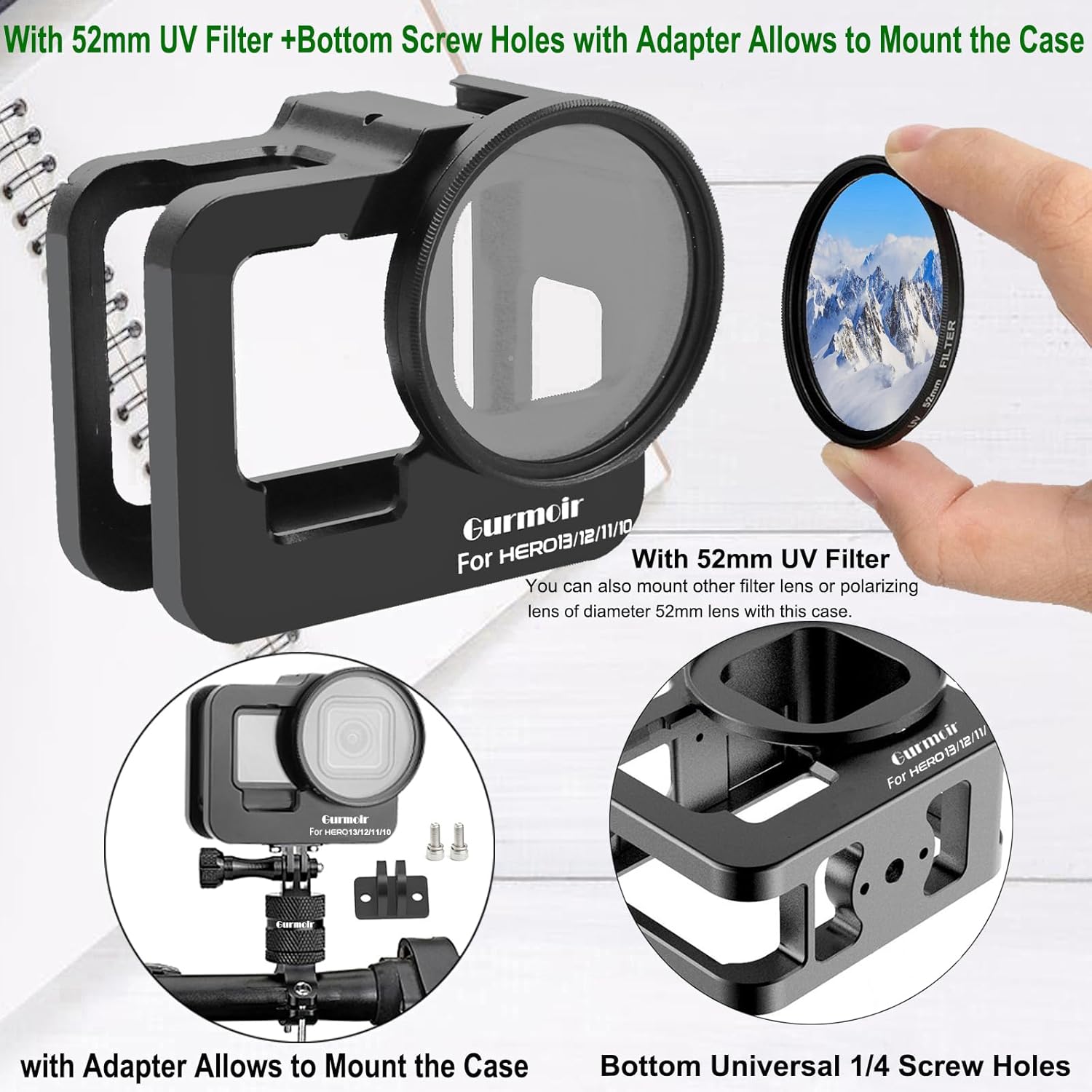 Gurmoir Metal Protective Case for Go Pro Hero 13/12/11/10/9 Black, Upgraded Aluminum Alloy Back Door Housing Frame Video Cage, with 2 Cold Shoe Mount and 52mm Filter - Image 4