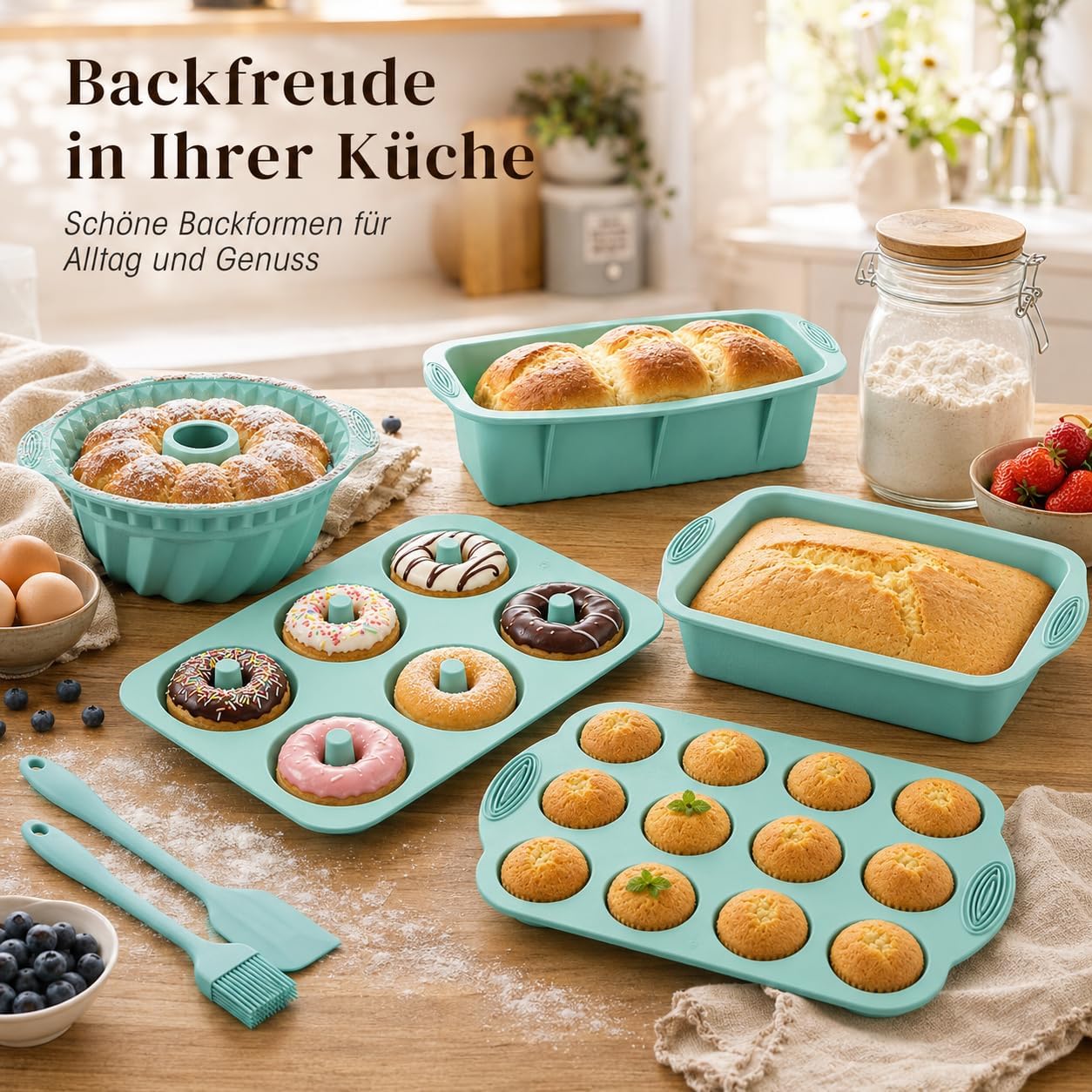 Juego de 8 moldes de silicona para hornear, molde para tartas, magdalenas, molde con espátula y pincel para hornear pan, tostadas, cupcakes, magdalenas (azul)