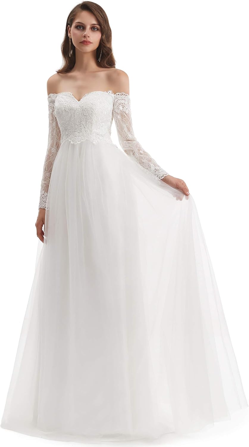 Women's Long Sleeves Sweatheart Lace Applique Beach Wedding Dress