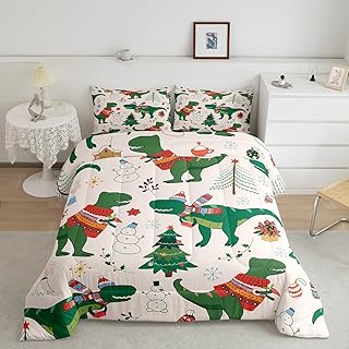 Erosebridal Cartoon Dinosaur Comforter Set for Kids Boys Girls,Xmas Dino Bedding Full,Winter Snowman Tree Flower Comforter Sets,Merry Christmas Duvet Insert with 2 Pillowcases Bedroom Decor