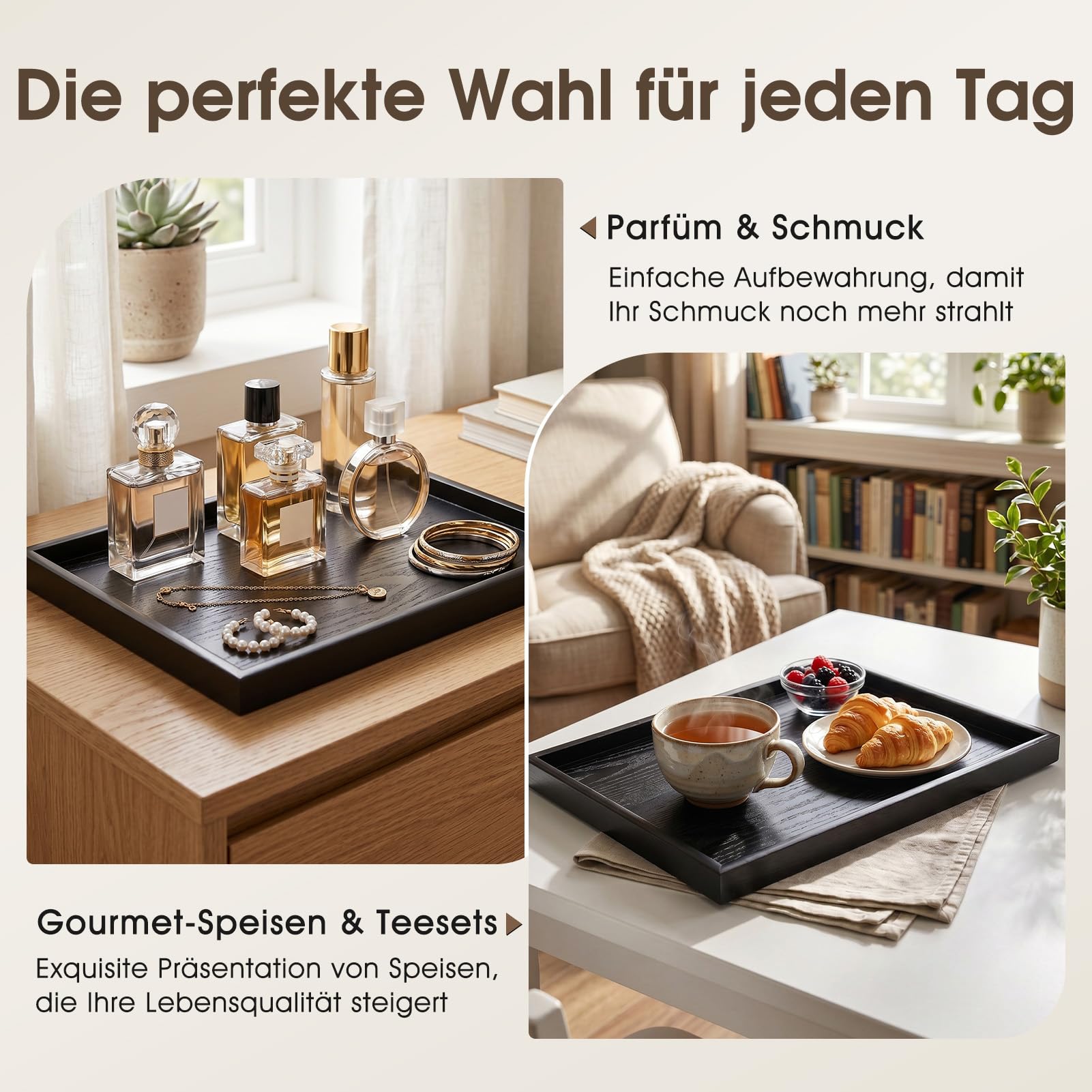 Set di 2 vassoi in legno, 40 x 30 cm e 25 x 18 cm, rettangolari, nero, vassoio da cucina per colazione, tè, caffè, per bagno, ristorante, hotel, caffè (2)