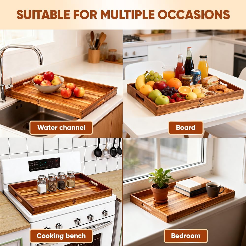 Teak Wood Noodle Board Stove Cover with Handles for Gas & Electric Stoves, 29.5" x 21.6" Wooden Stovetop Cover Tray for Counter Space, Cutting Board with Juice Groove