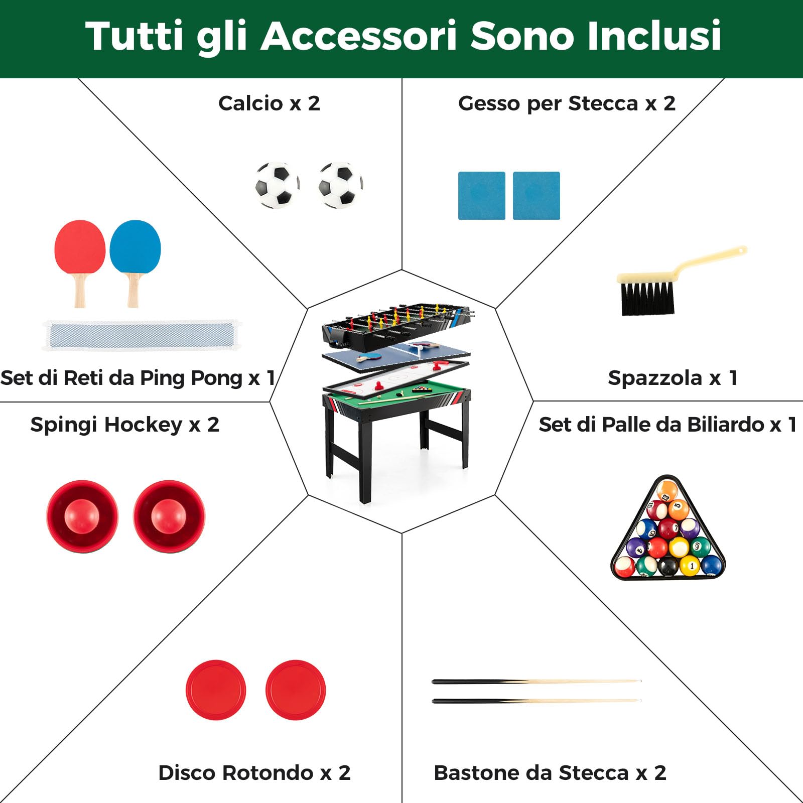 RELAX4LIFE 4 in 1 Tavolo Multigioco con Calcio Balilla, Biliardino, Ping pong e Hockey ad Aria, per Bambini e Adulti, Casa Ufficio Bar, 125x97x83 cm