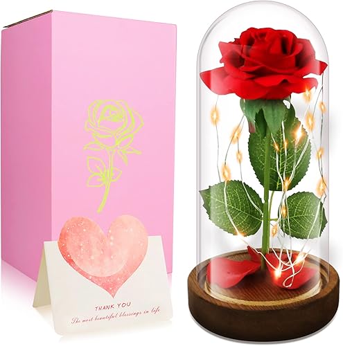 Miniatura 1 de GARDWENS Beauty and The Beast Rose, kit de rosas de seda roja encantada con cadena de luces LED, pétalos caídos en cúpula de vidrio sobre base de