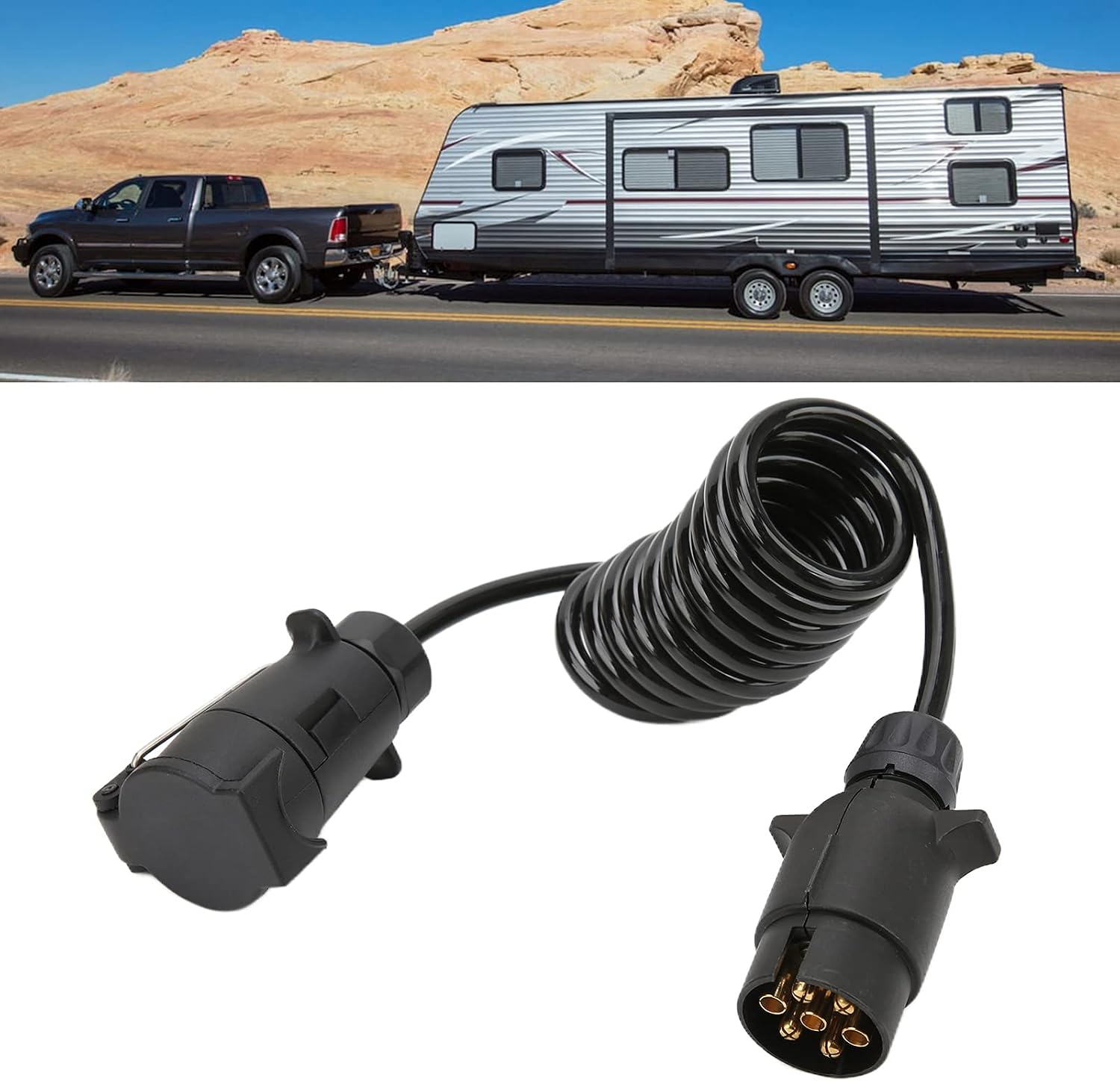Estink 7 Pin Trailer Plug Extension Cord, 2 Meters Coiled Wire Connector with Pure Copper Contacts and Cap for RV Boat Caravan