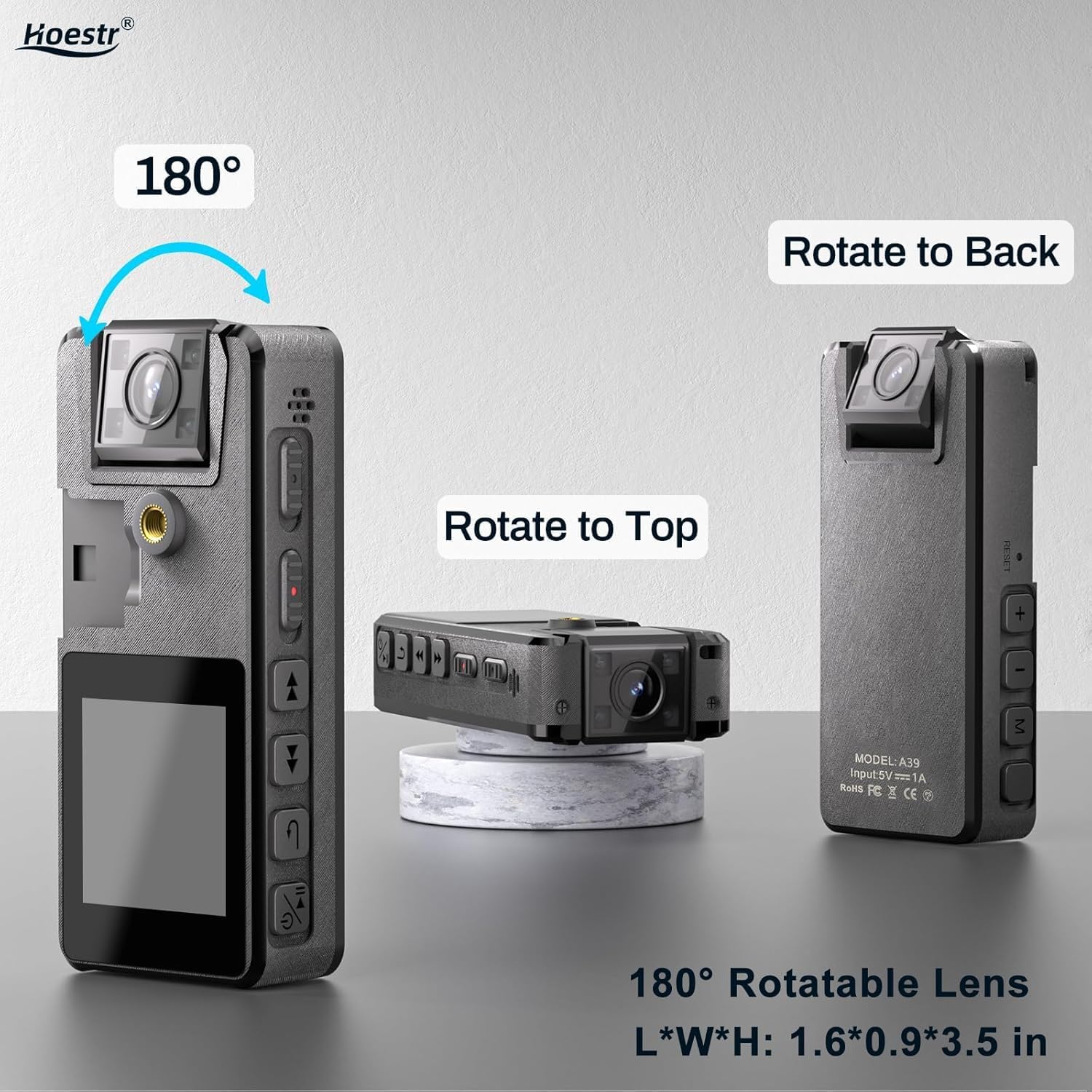 Hoestr Body Camera showing 180 degree rotatable lens positions
